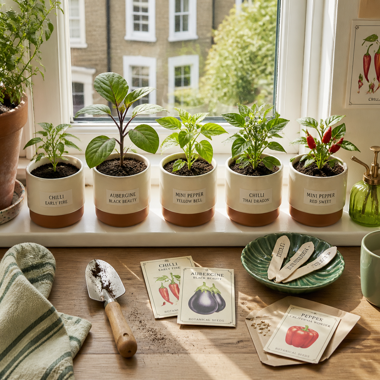 Detailed () editorial photo-illustration showing a flat-lay overhead view of a modern apartment kitchen windowsill with five