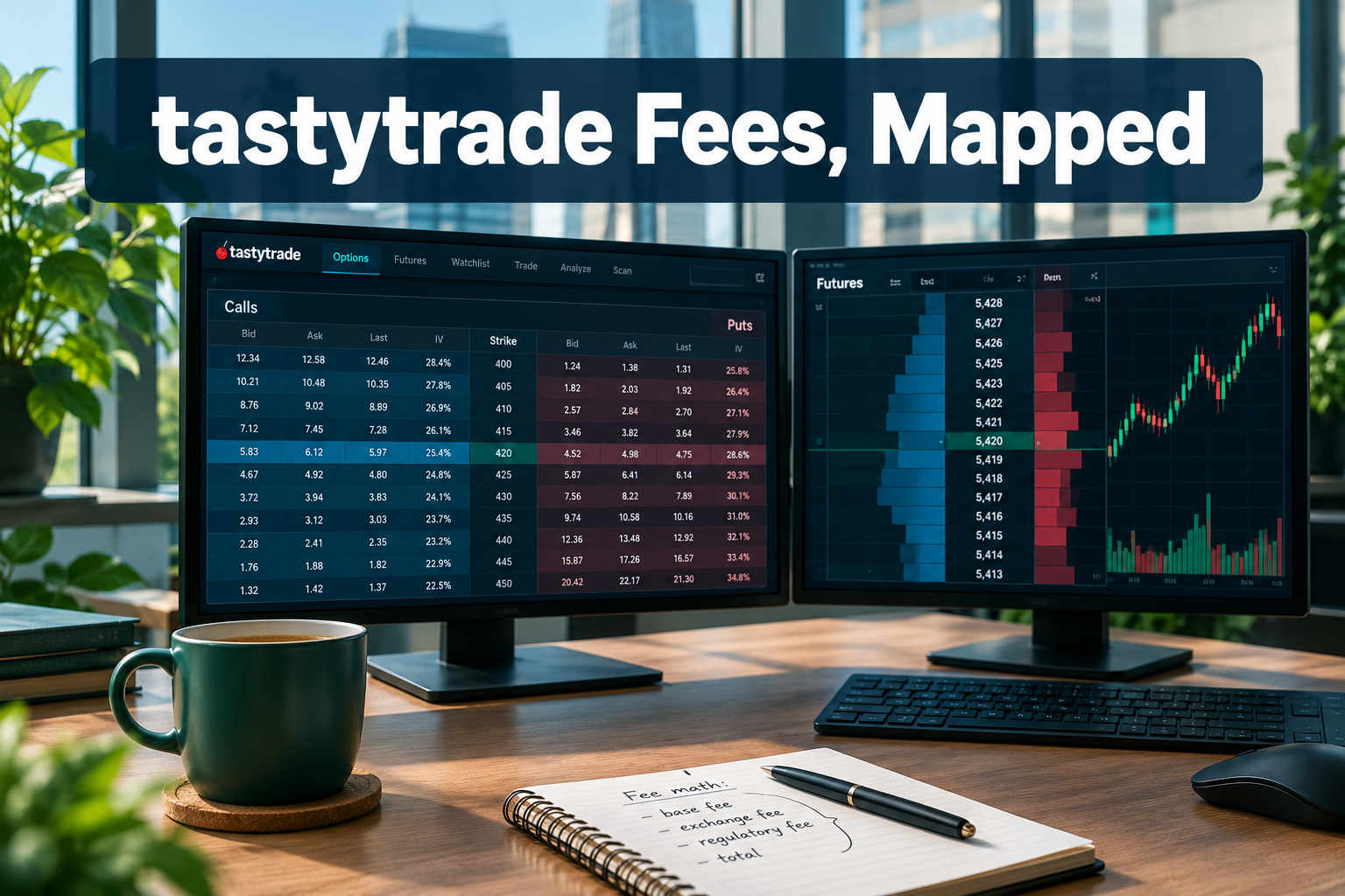 Professional () hero image with : 'tastytrade Fees, Mapped', white on a dark navy semi-transparent panel, centered in upper