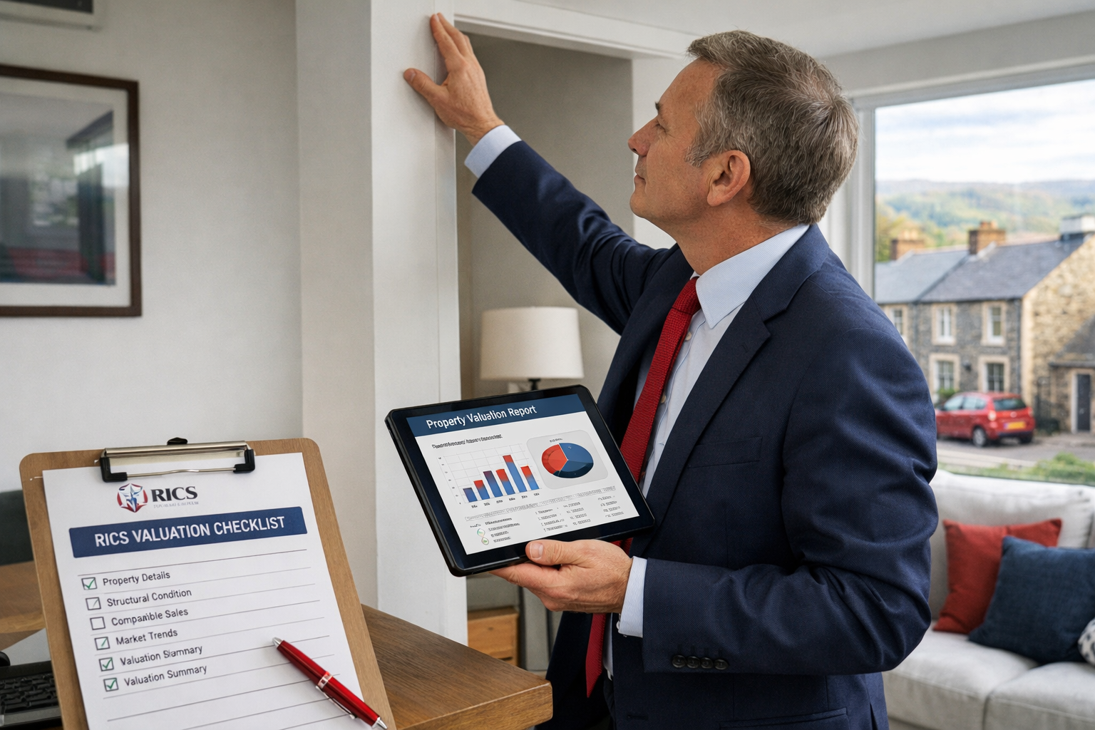 Detailed () image showing RICS chartered surveyor conducting property valuation in modern Welsh home interior, Welsh