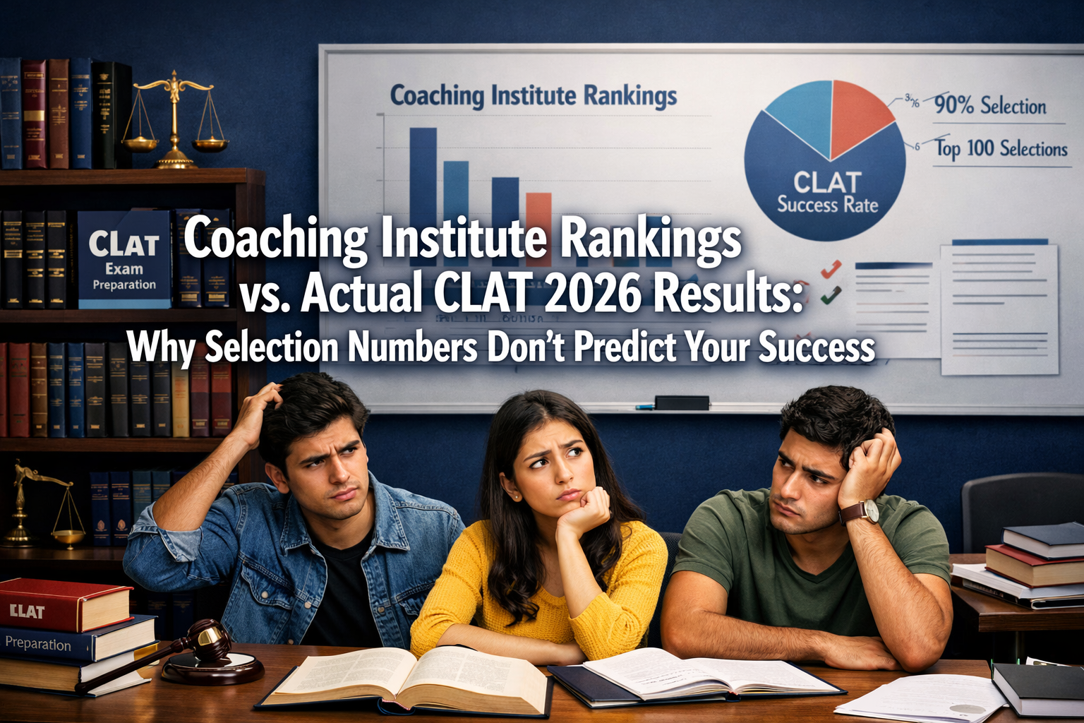 Professional () hero image with 'Coaching Institute Rankings vs. Actual CLAT 2026 Results: Why Selection Numbers Don't