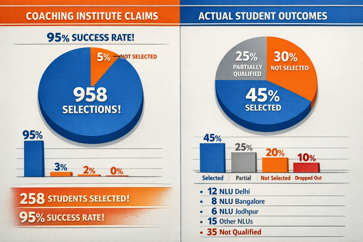 () infographic showing coaching institute advertisement claims vs reality - split screen design with inflated selection