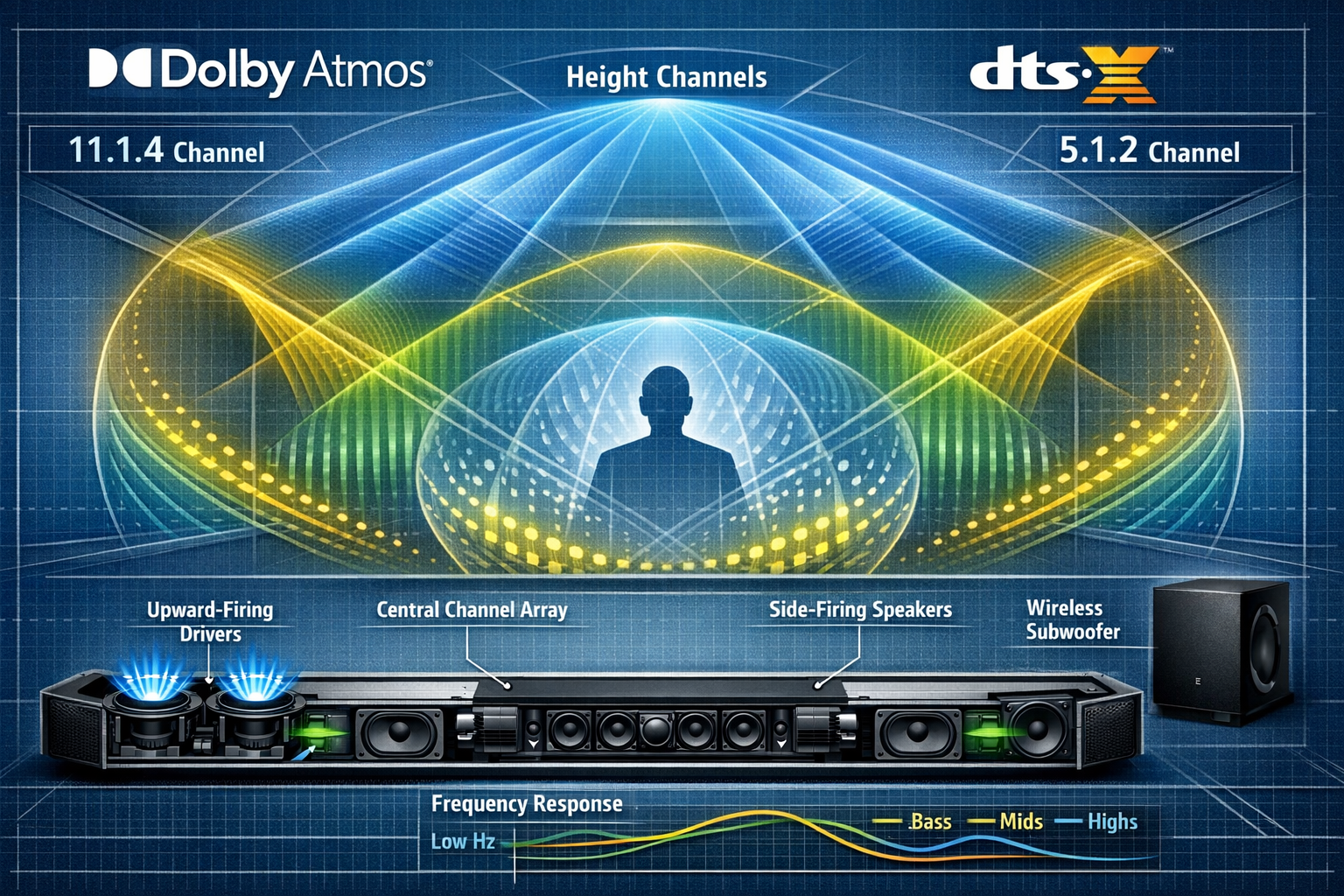 technical diagram showing cross-section view of premium soundbar with labeled components: upward-firing drivers, side-firing speakers, central channel array, wireless subwoofer. Overlay graphics show Dolby Atmos and DTS:X logos with audio beam paths illustrated as colored wave patterns bouncing off ceiling and walls to create 3D sound bubble around viewer position. Include channel configuration labels like 11.1.4 and 5.1.2, frequency response curves, and height channel visualization. Clean technical aesthetic with blueprint-style lines, metallic textures, professional lighting, informational callouts, modern infographic design suitable for explaining object-based audio technology.