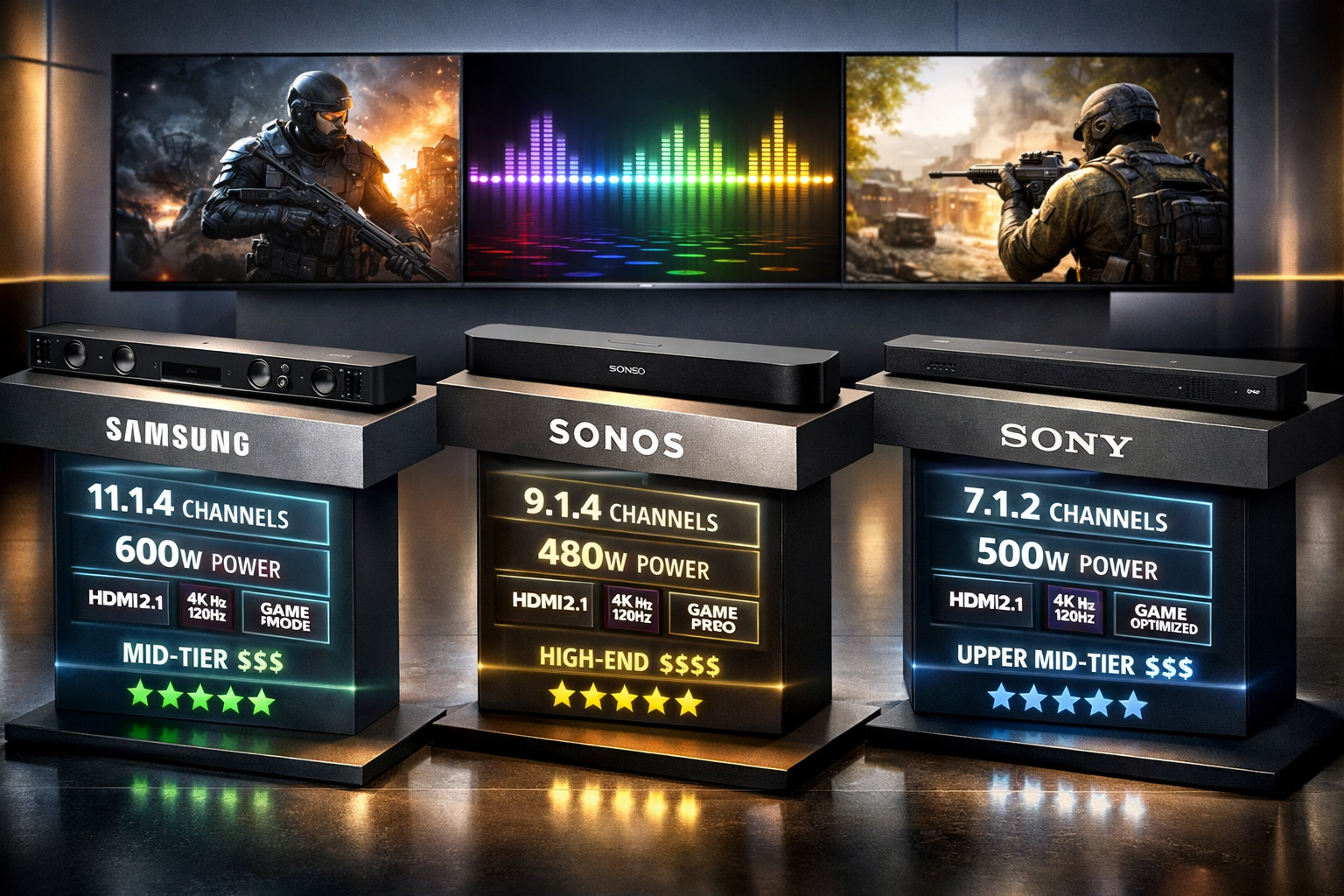 comparison scene showing three distinct premium soundbars arranged on floating display pedestals in modern showroom setting. Each soundbar features visible brand styling (Samsung, Sonos, Sony) with specification overlays showing channel counts, power ratings, and feature badges for HDMI 2.1, 4K/120Hz, gaming optimization. Background shows split-screen TV displays demonstrating movie scene, music visualization, and gaming footage. Dramatic studio lighting highlights metallic finishes and driver arrays. Include floating holographic-style comparison metrics, price tier indicators, and performance rating stars. Professional product photography aesthetic with depth and premium presentation quality.