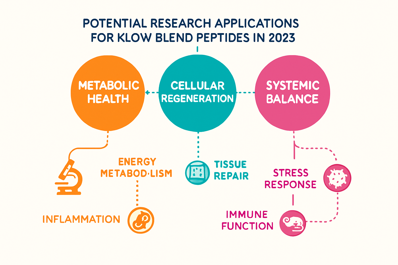 A conceptual diagram (1536x1024) showing a timeline or flow chart of potential research applications for Klow Blend peptides in various scie
