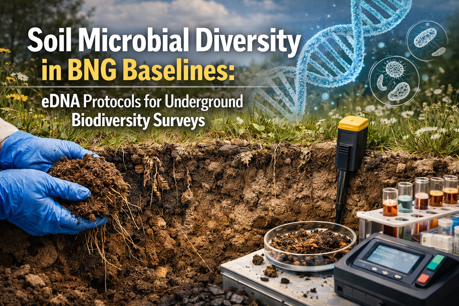 Professional landscape hero image () with : "Soil Microbial Diversity in BNG Baselines: eDNA Protocols for Underground