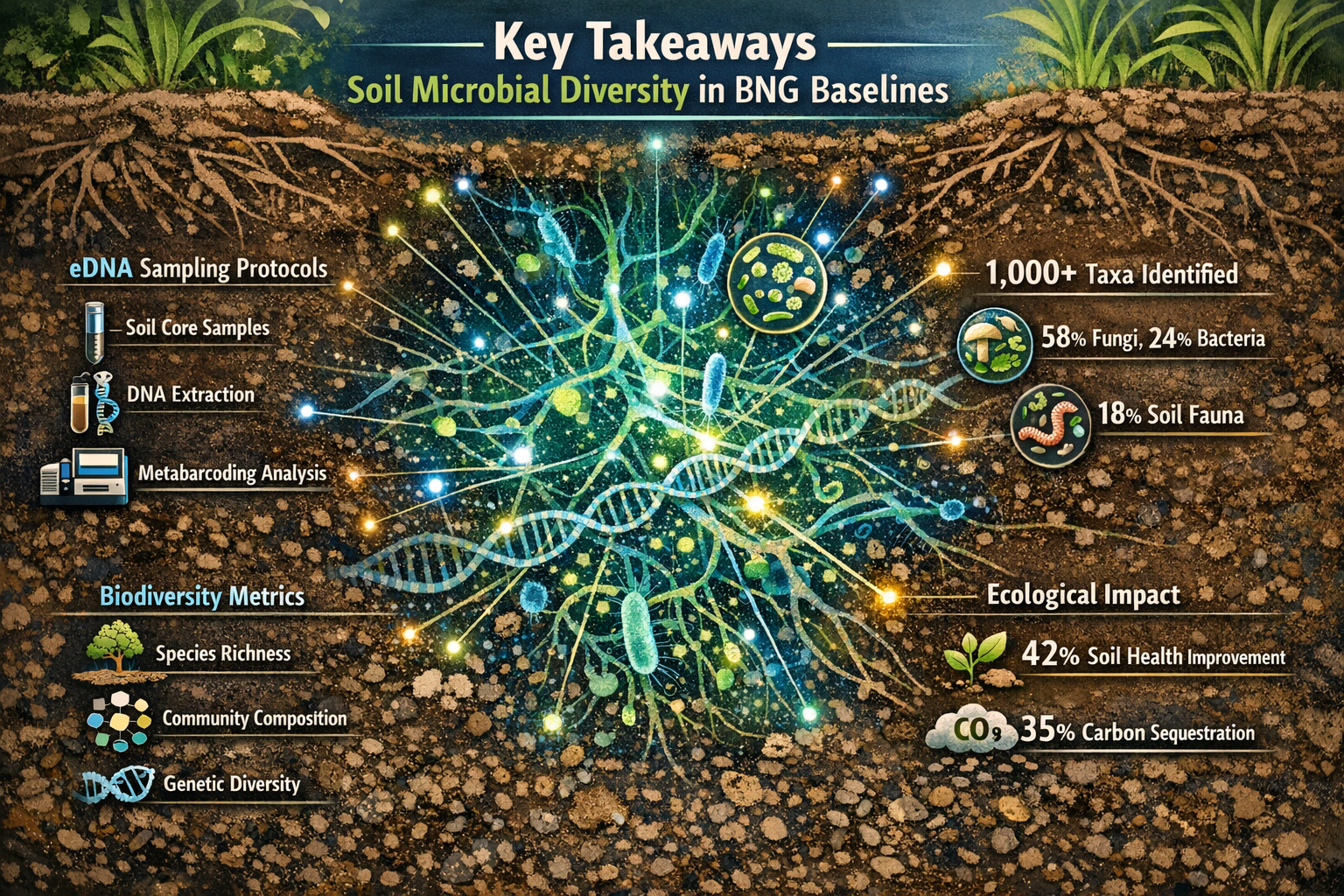 A dynamic, with radiating data points highlighting eDNA sampling protocol insights. Iconographic elements representing