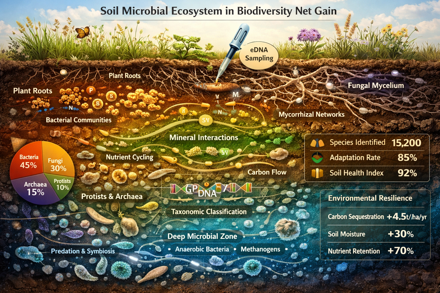 Comprehensive scientific illustration depicting soil microbial ecosystem complexity in Biodiversity Net Gain (BNG) contexts.