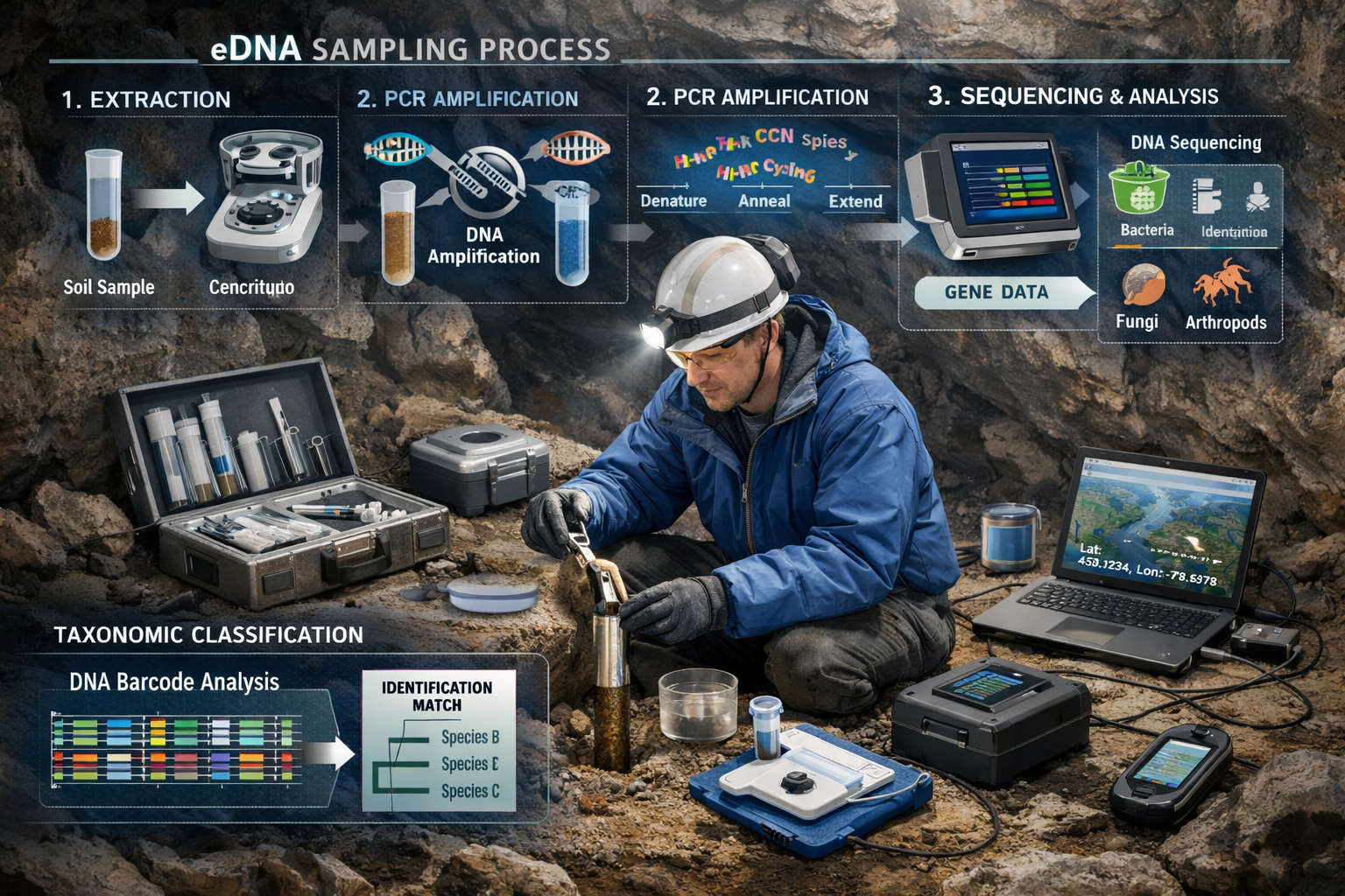 Technical field survey visualization illustrating eDNA sampling protocols for underground biodiversity assessment.