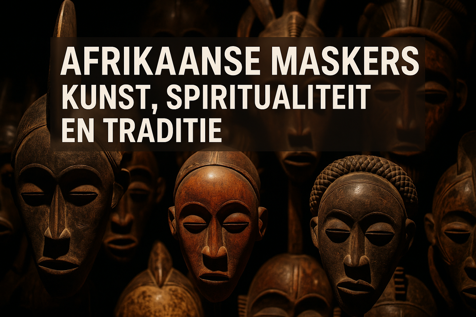 Afrikaanse Maskers: Een Diepgaande Verkenning van Kunst, Spiritualiteit en Traditie 2 Professional landscape hero image (1536x1024) featuring bold text overlay 'Afrikaanse Maskers: Kunst, Spiritualiteit en Traditie' in extra l