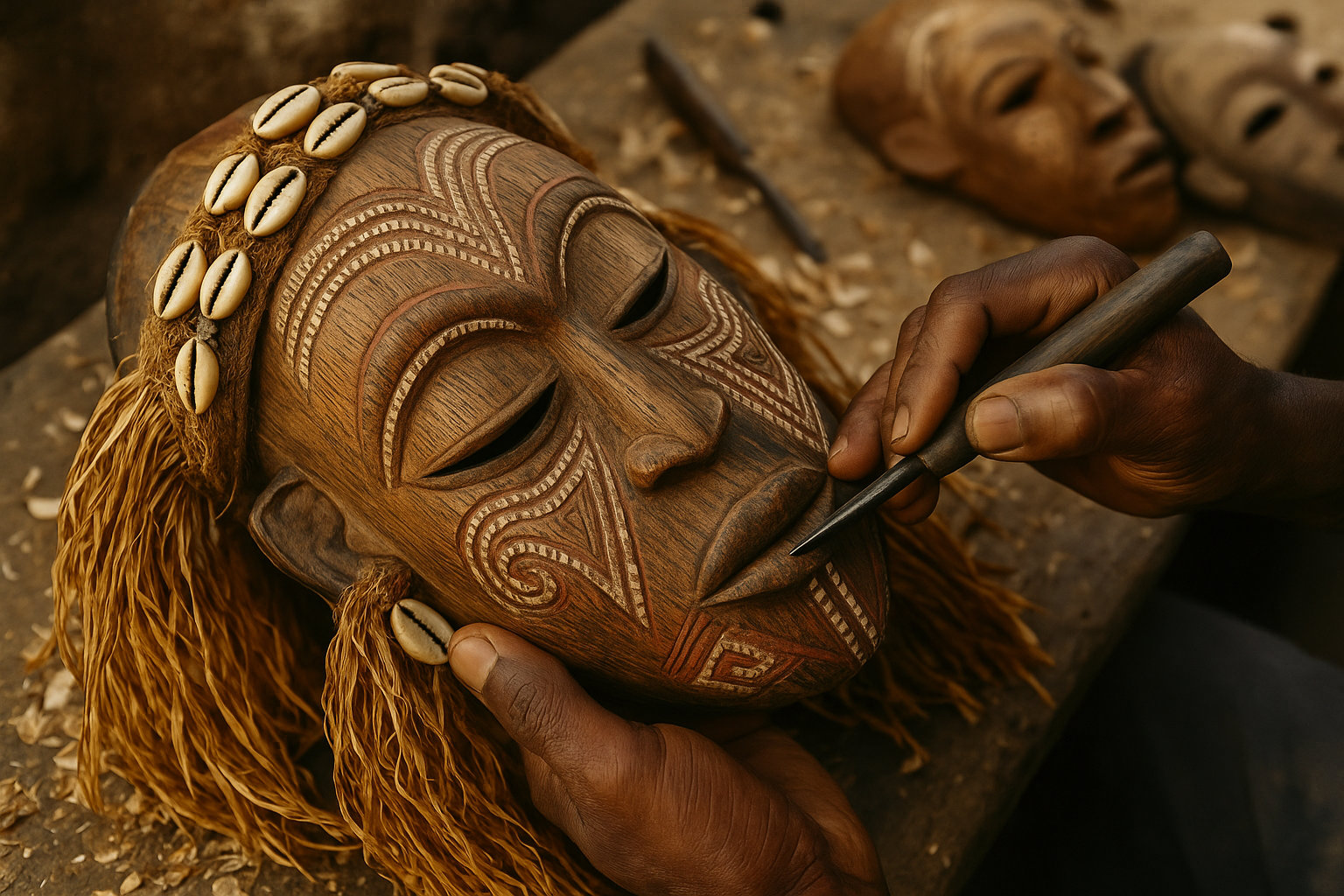 Afrikaanse Maskers: Een Diepgaande Verkenning van Kunst, Spiritualiteit en Traditie 1 Detailed editorial photograph (1536x1024) showing close-up view of traditional West African wooden mask with intricate carved patterns, natu
