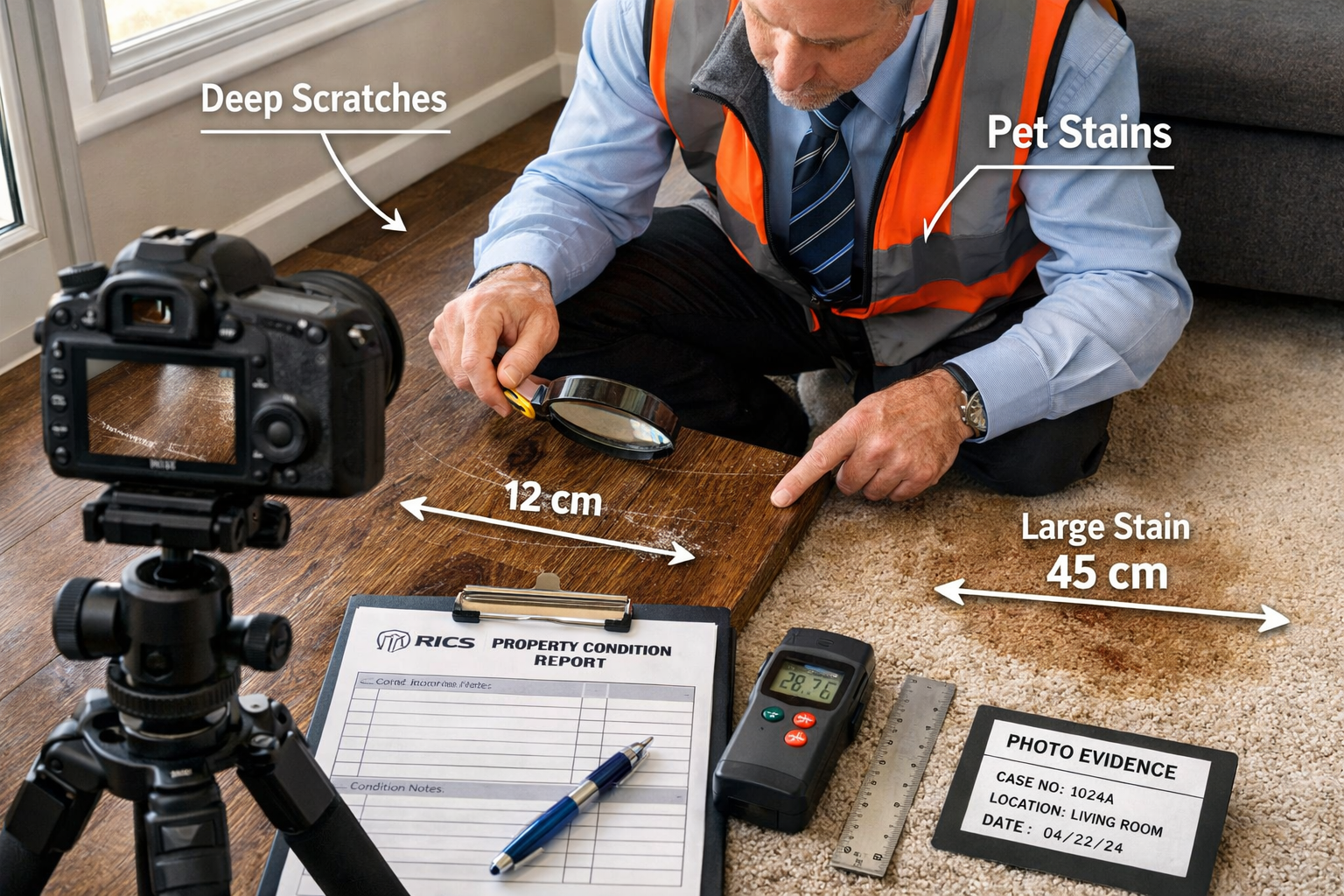 Detailed () image showing close-up professional property surveyor in business attire conducting detailed inspection of