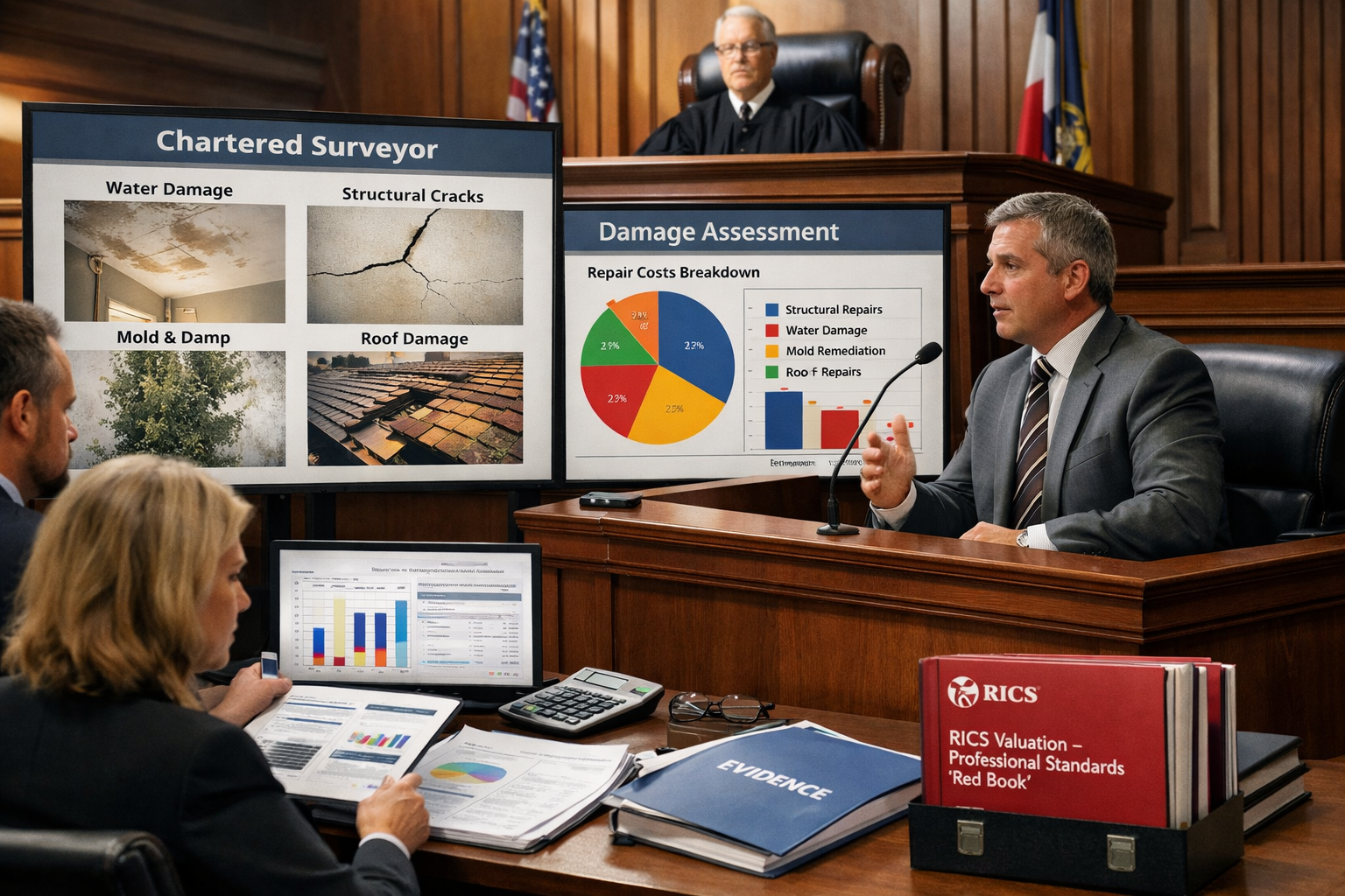() professional courtroom scene showing expert witness stand with chartered surveyor presenting valuation evidence on large
