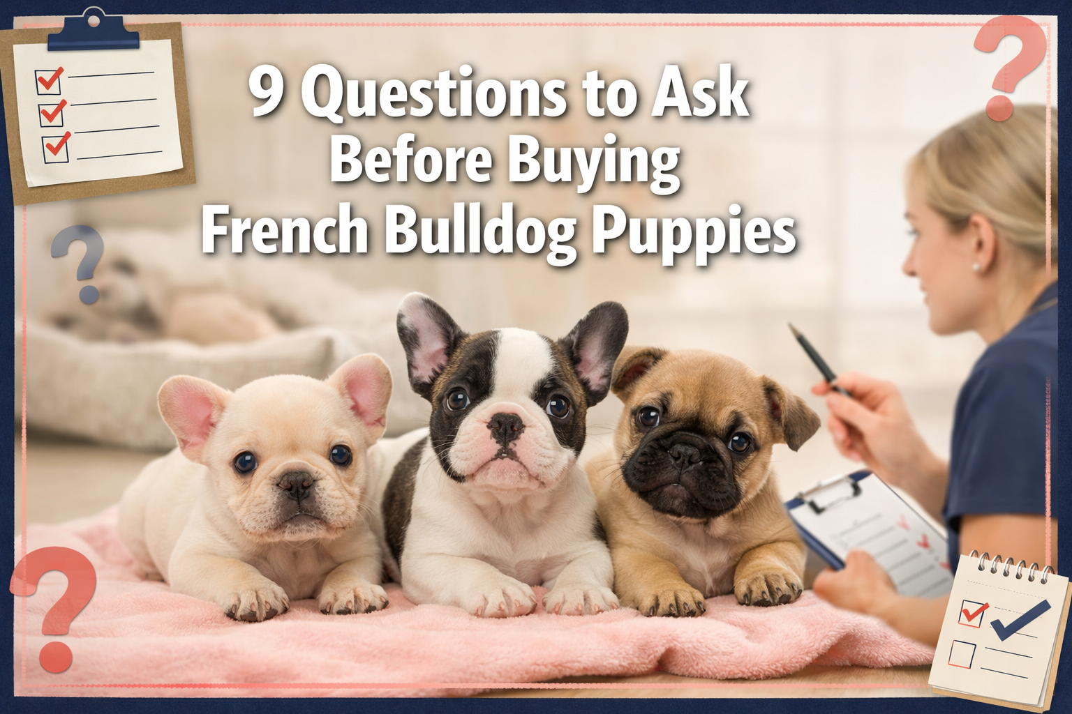 Professional landscape format (1536x1024) hero image featuring bold text overlay '9 Questions to Ask Before Buying French Bulldog Puppies' i
