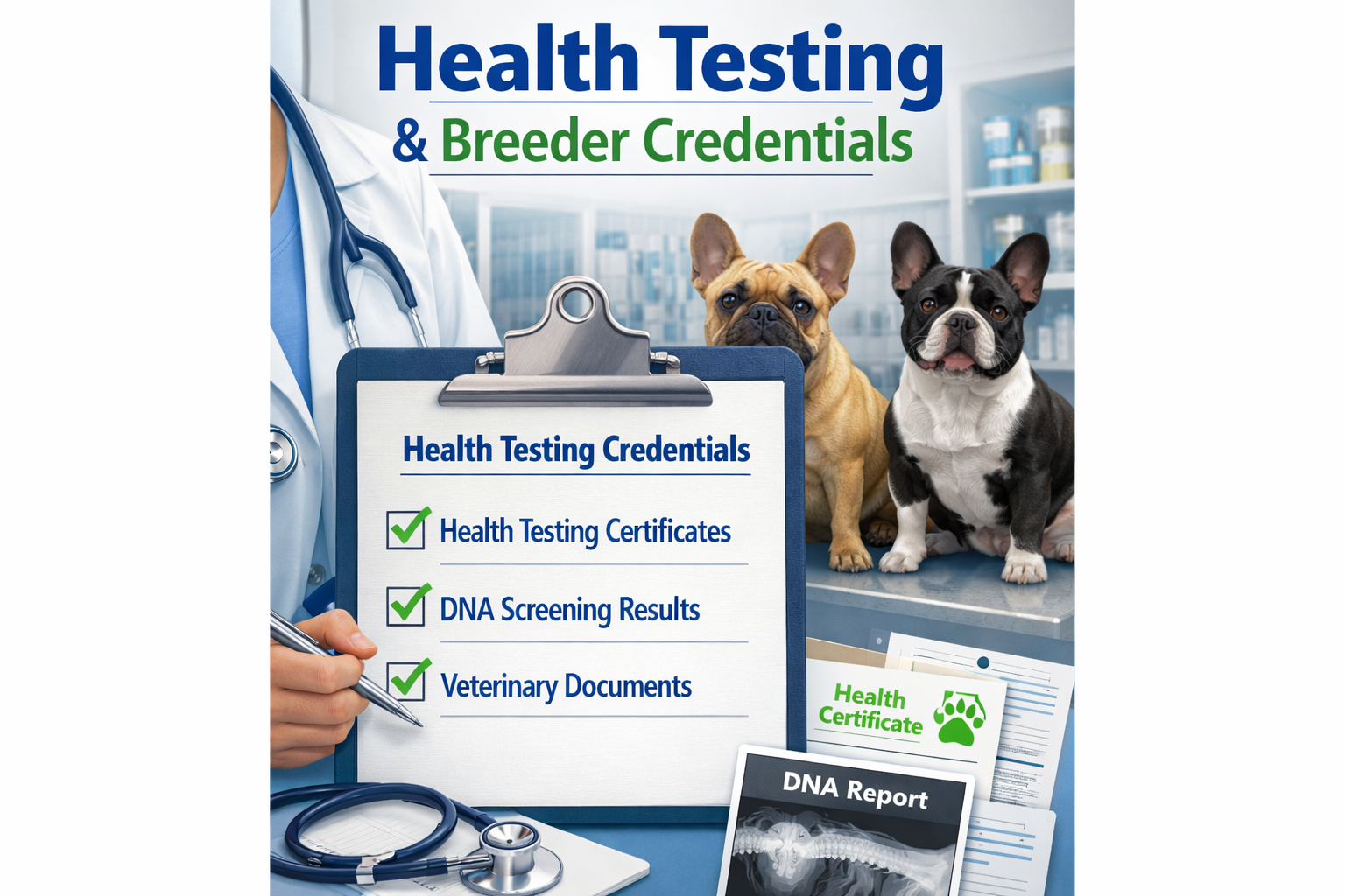 Portrait format (1024x1536) infographic showing a professional breeder consultation scene with a checklist overlay featuring health testing 