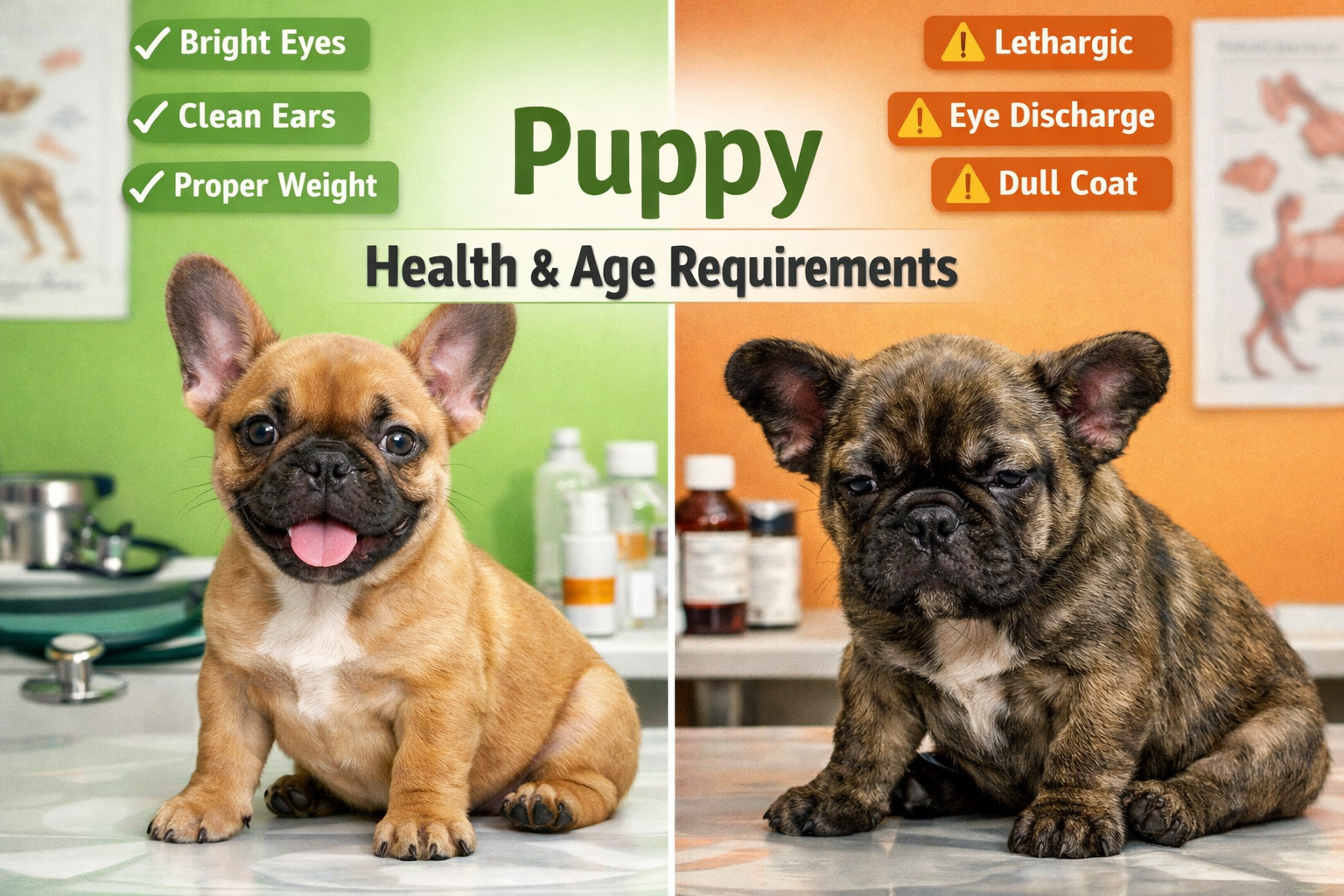 Portrait format (1024x1536) split-screen composition showing healthy French Bulldog puppy characteristics on left side (bright eyes, clean e