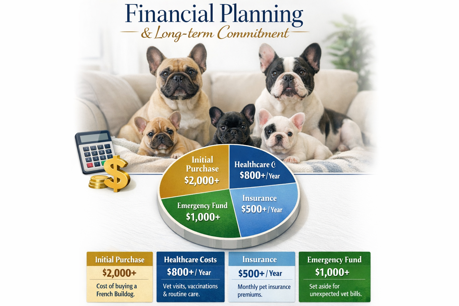 Portrait format (1024x1536) financial planning infographic displaying French Bulldog ownership costs breakdown with pie chart showing initia