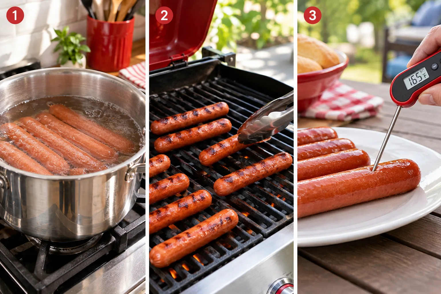Hot dogs prepared using a controlled cooking method