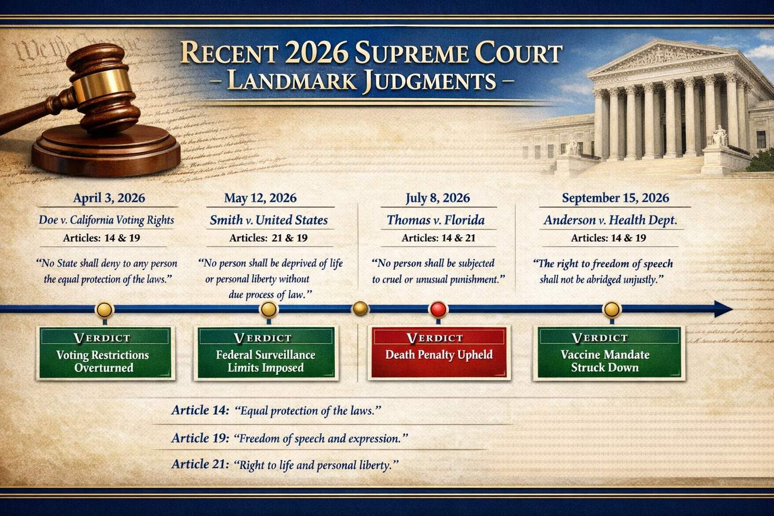 Landscape format (1536x1024) infographic showing recent 2026 Supreme Court landmark judgments with case names, constitutional articles invol