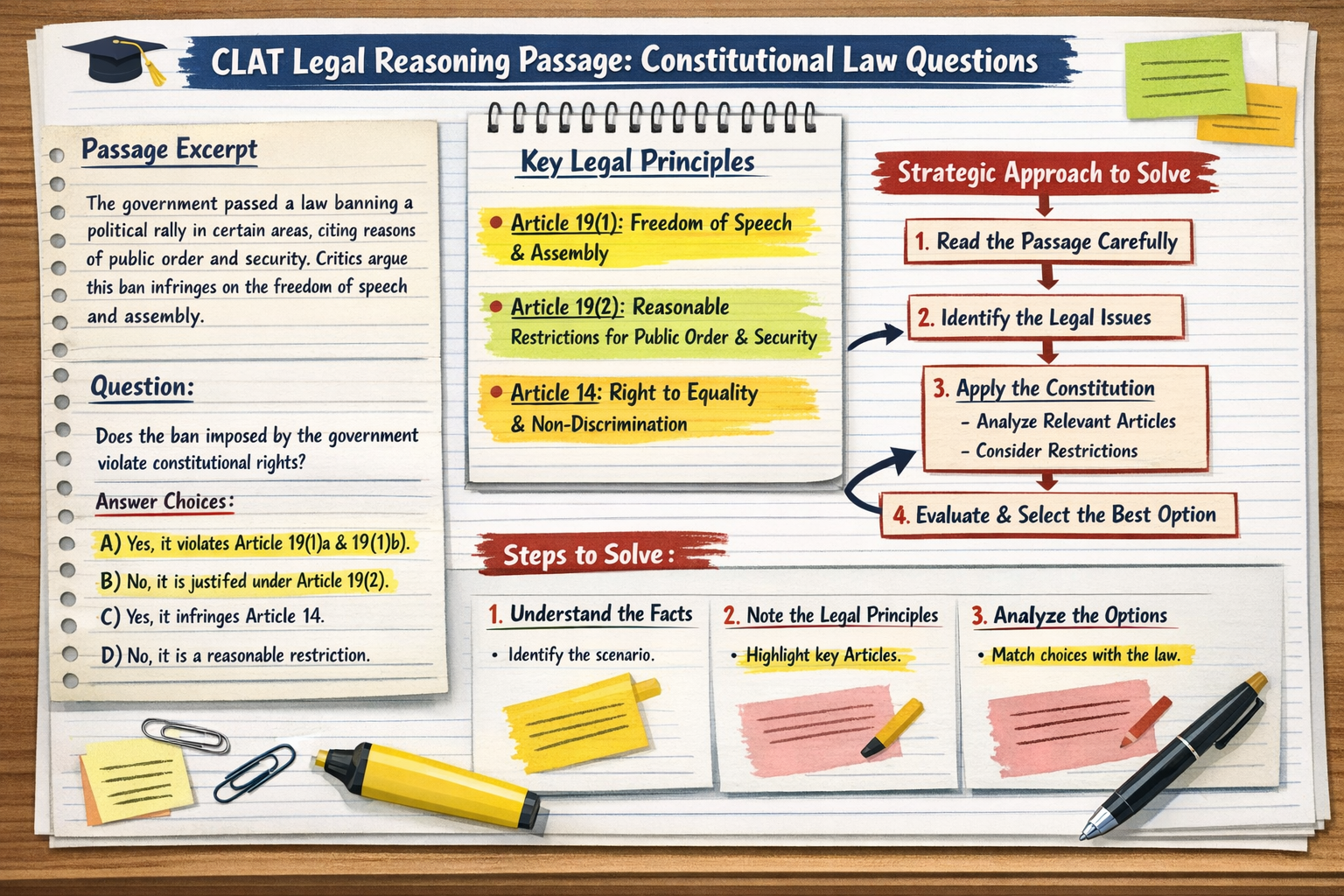 Detailed landscape format (1536x1024) illustration of CLAT legal reasoning passage structure with sample constitutional law questions, answe