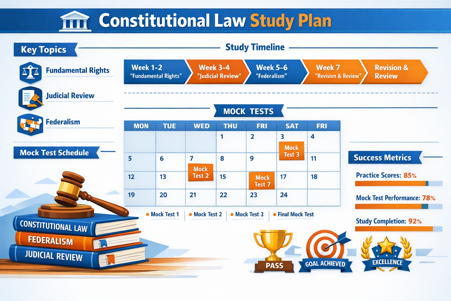 Professional landscape format (1536x1024) study strategy visualization showing constitutional law preparation timeline, key topics breakdown