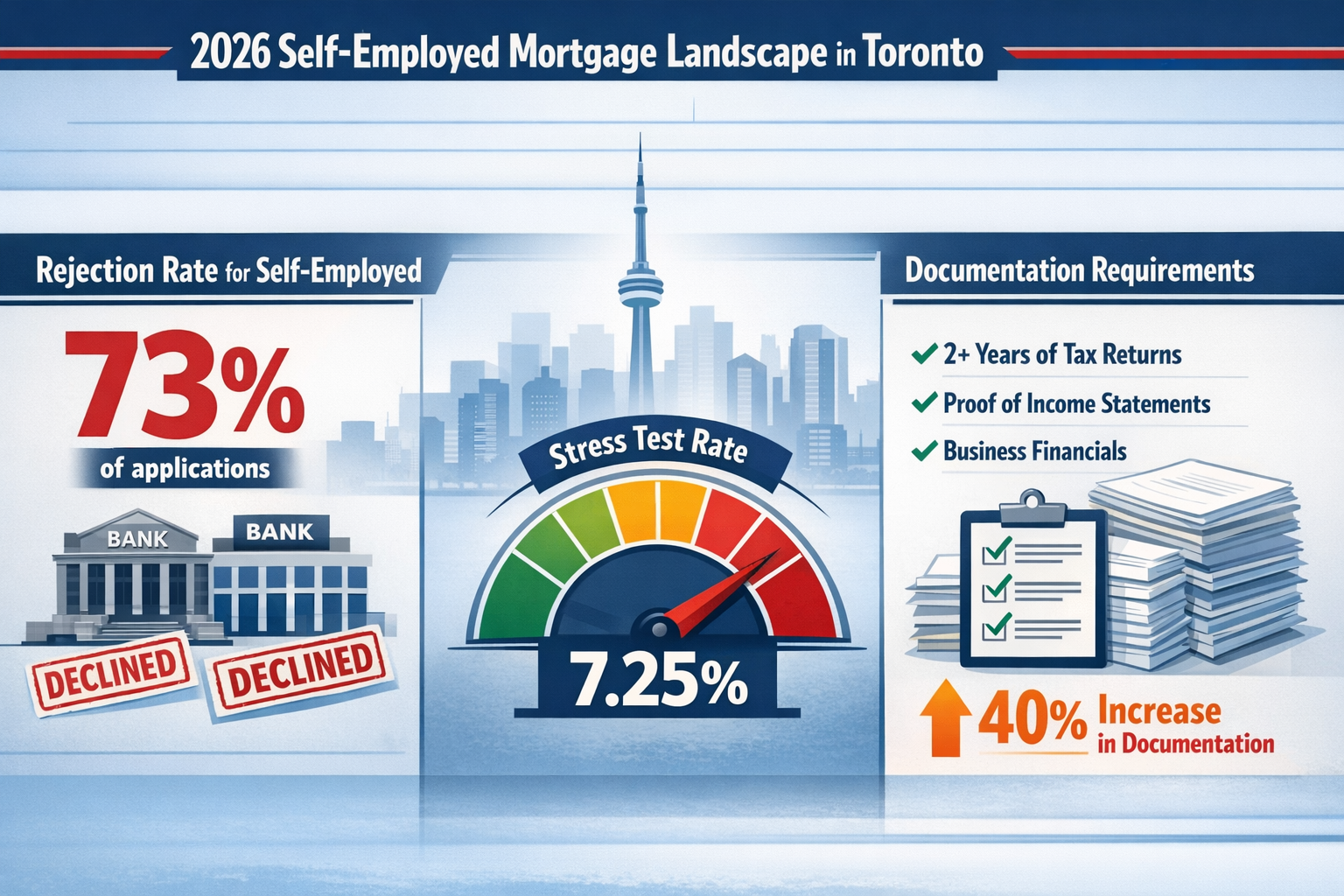 Landscape format (1536x1024) detailed infographic showing the 2026 self-employed mortgage landscape in Toronto with split-screen composition