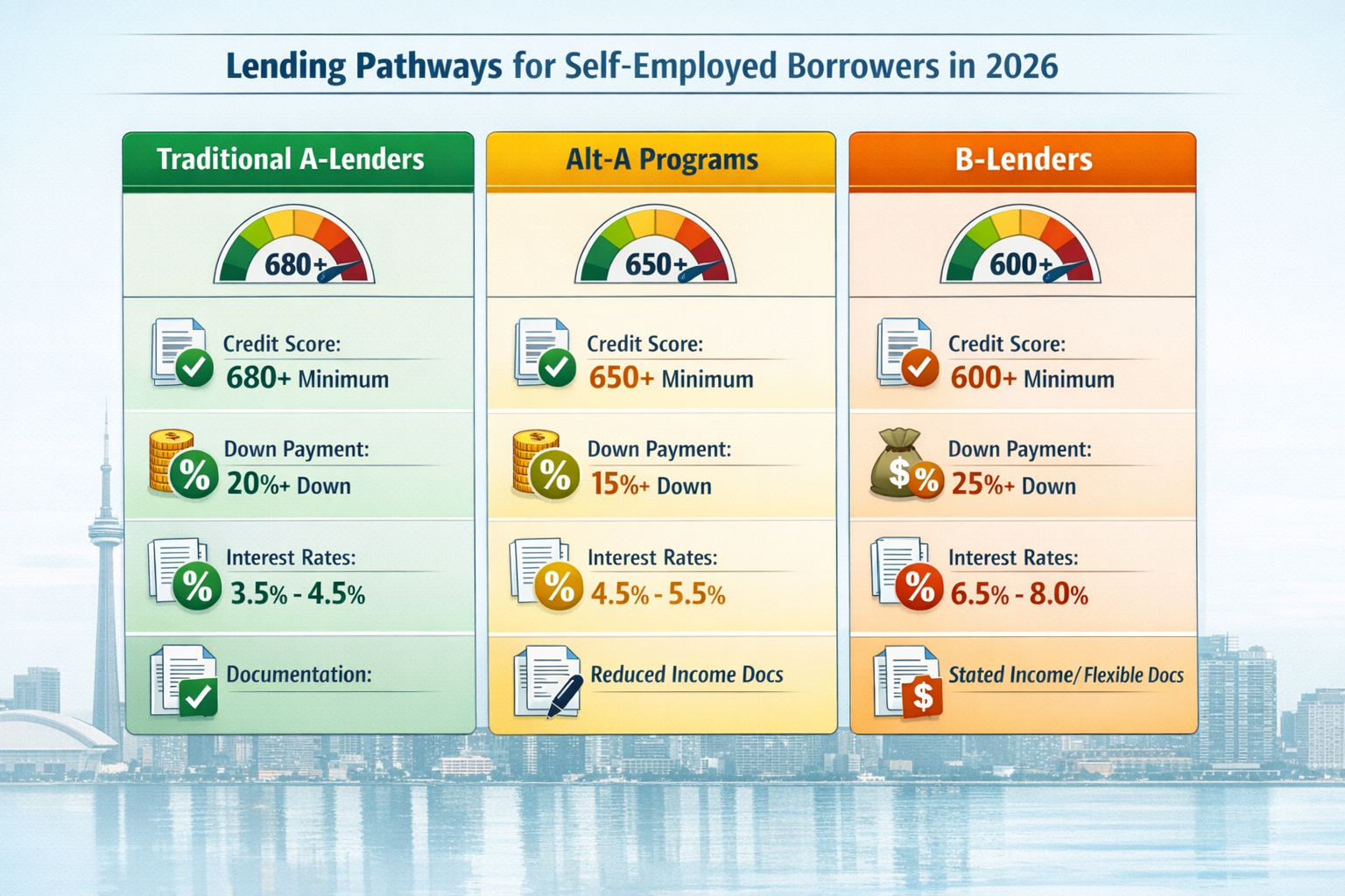 Landscape format (1536x1024) comprehensive comparison chart showing three lending pathways for self-employed borrowers in 2026. Three vertic