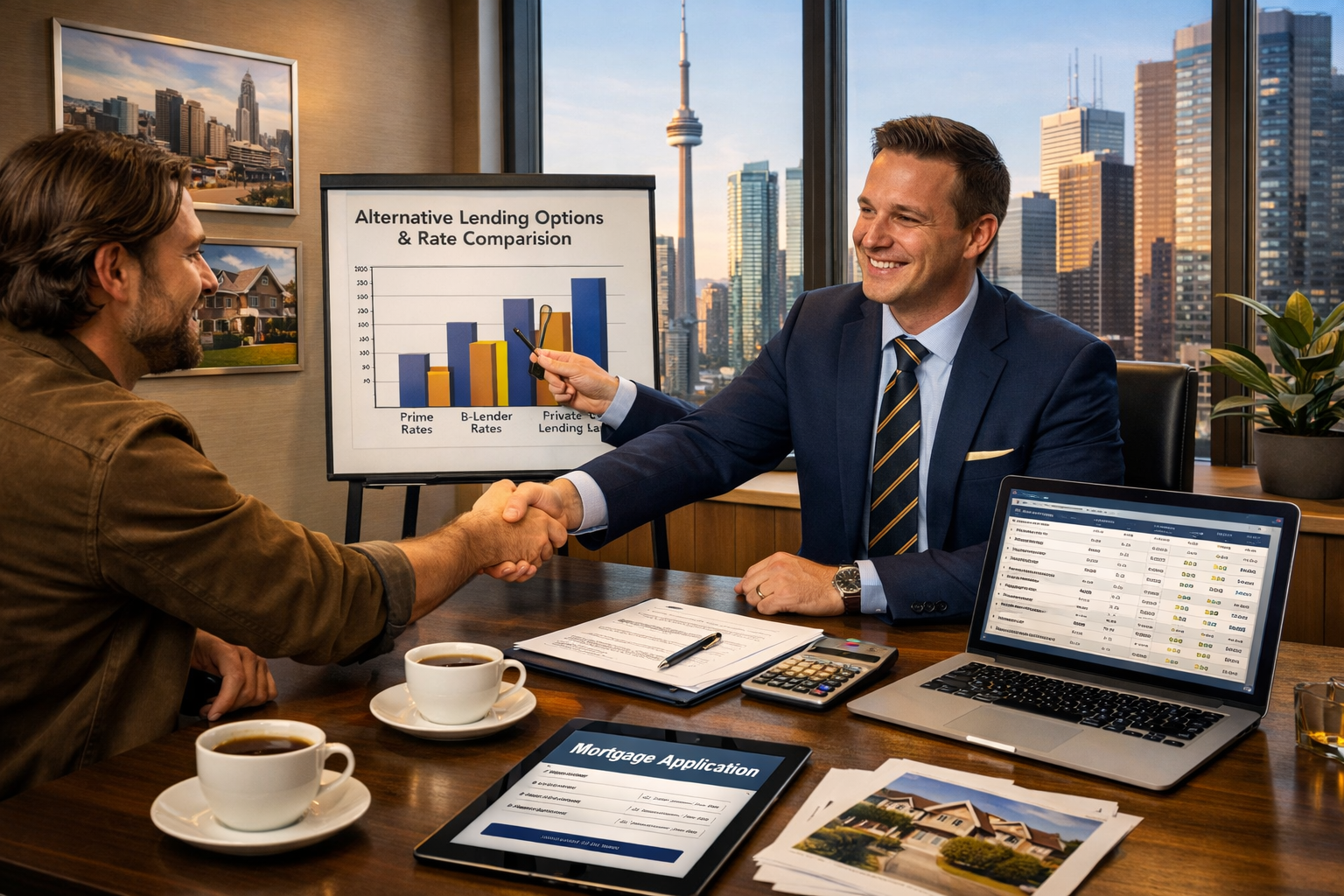 Landscape format (1536x1024) professional consultation scene showing mortgage broker meeting with self-employed client in modern Toronto off