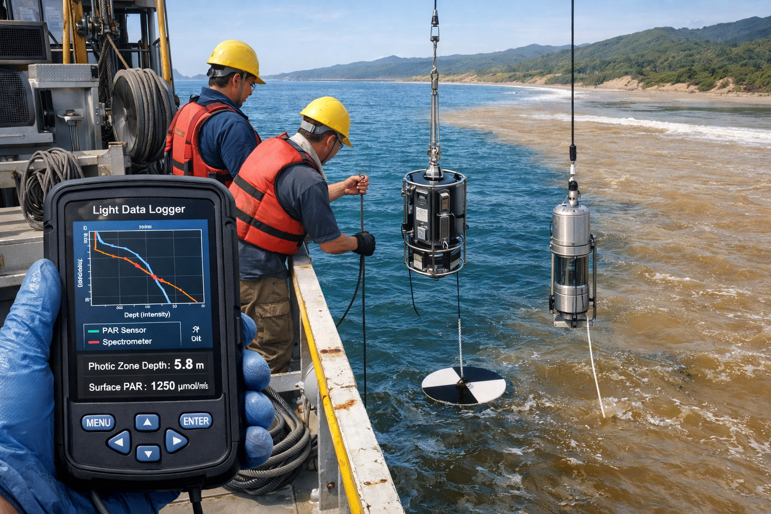 Detailed () image showing scientific monitoring equipment deployment in coastal waters. Scene features research vessel deck