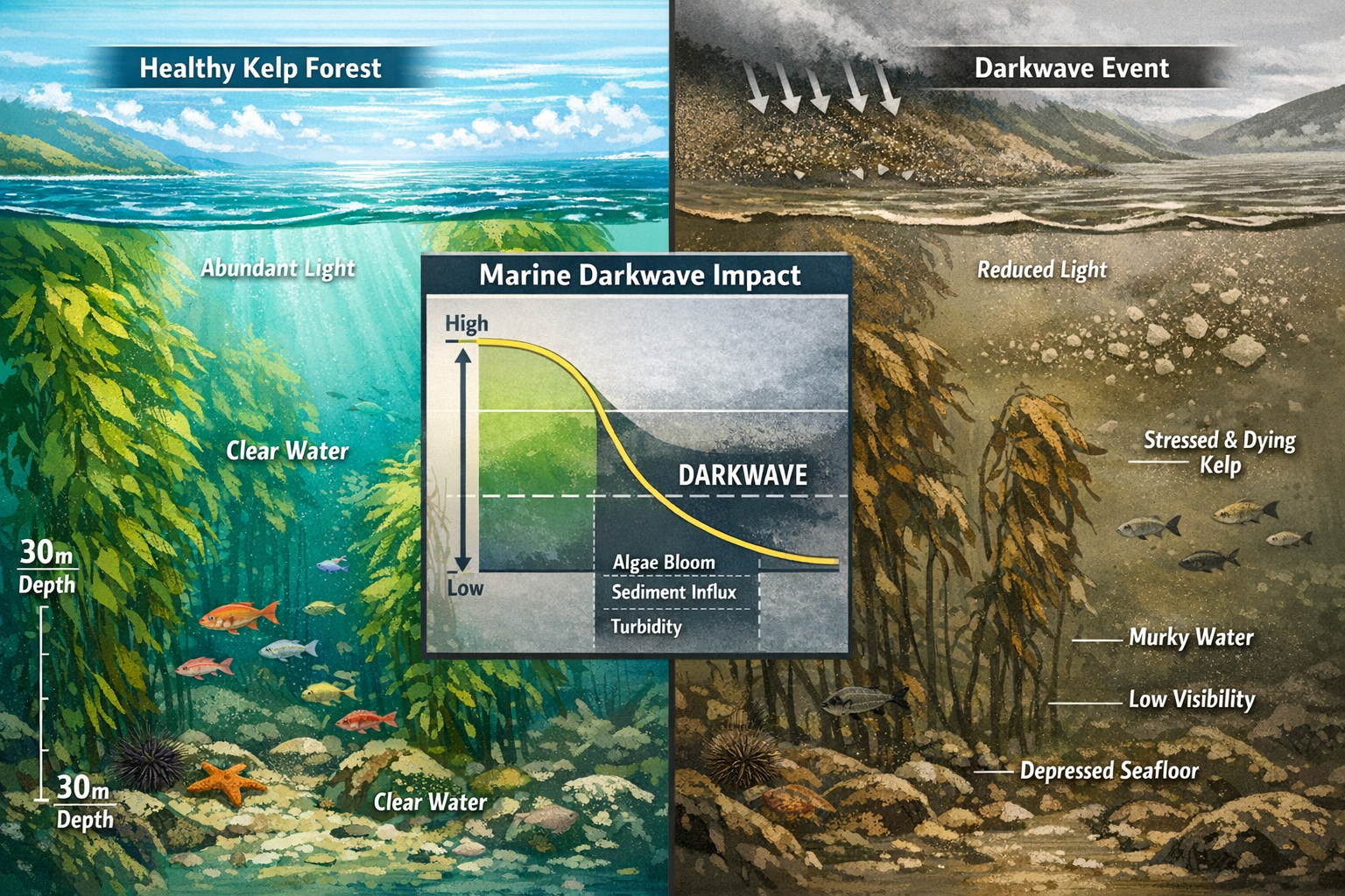 Detailed () infographic-style image illustrating marine darkwave phenomenon and ecosystem impacts. Split-panel composition: