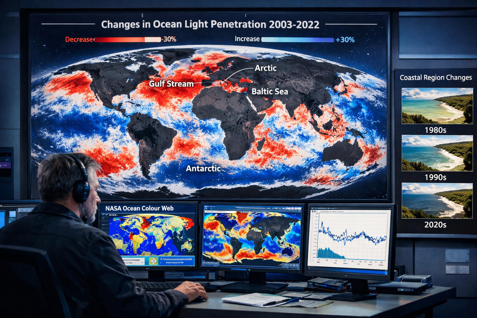 Detailed () image showing satellite ocean color monitoring technology and global darkening patterns. Main focus: large