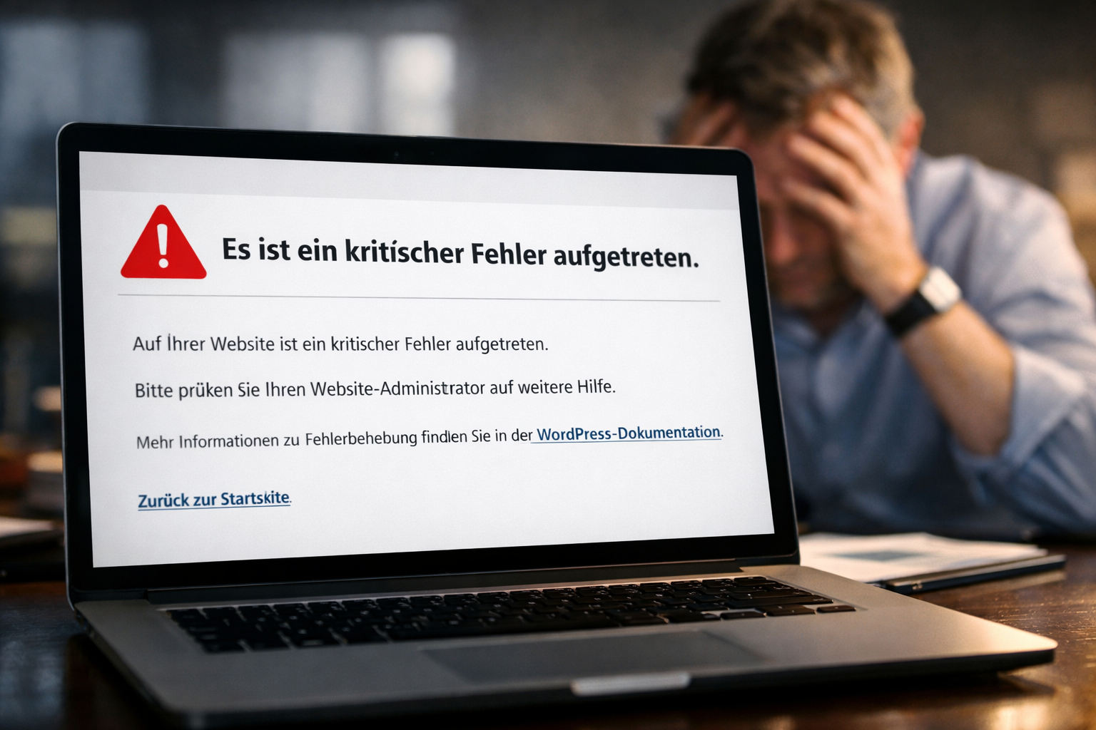 () showing a close-up of a laptop screen displaying a WordPress 'Kritischer Fehler' (critical error) white screen of death