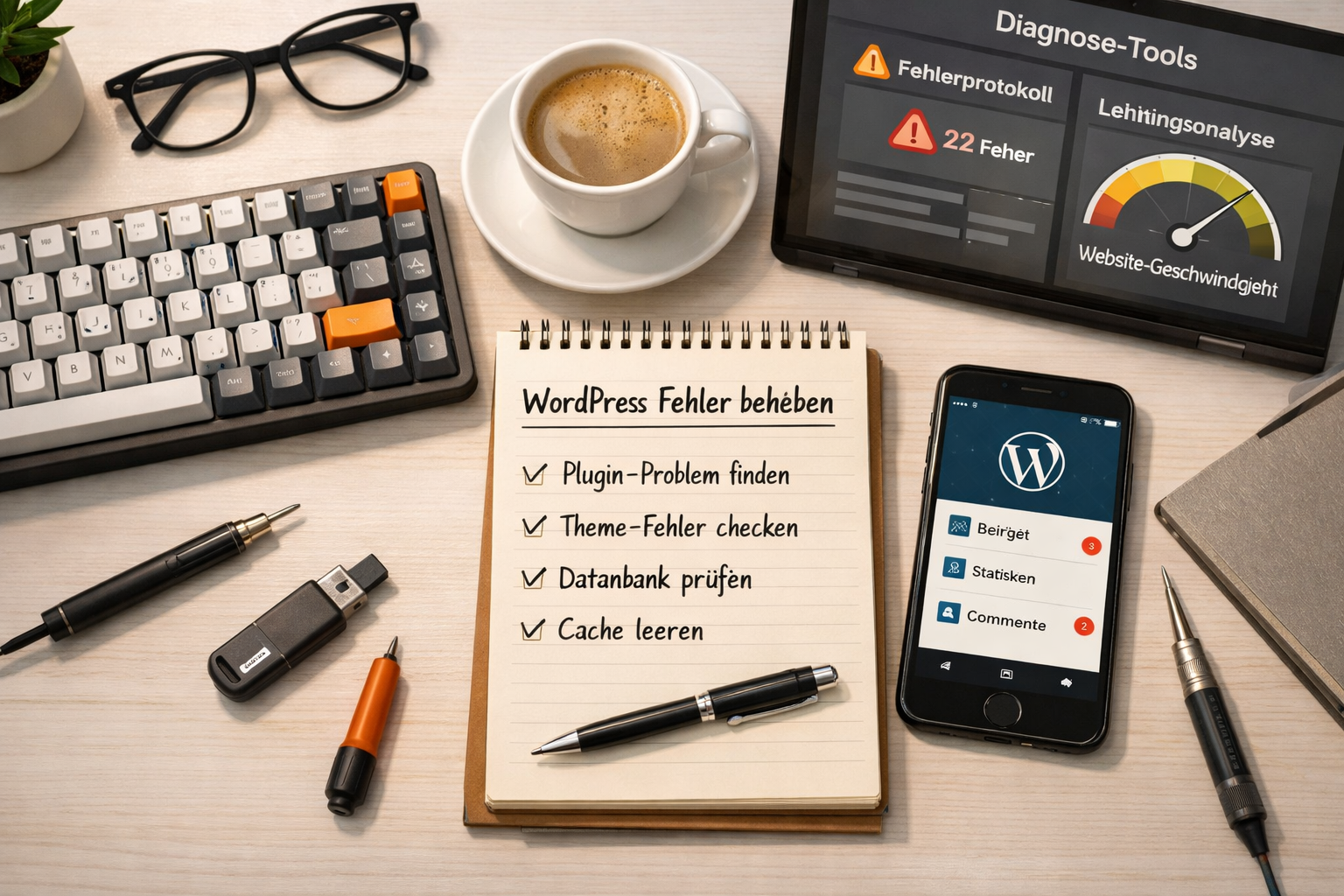 () showing an overhead flat-lay of a German IT-support workspace: mechanical keyboard, notepad with handwritten checklist