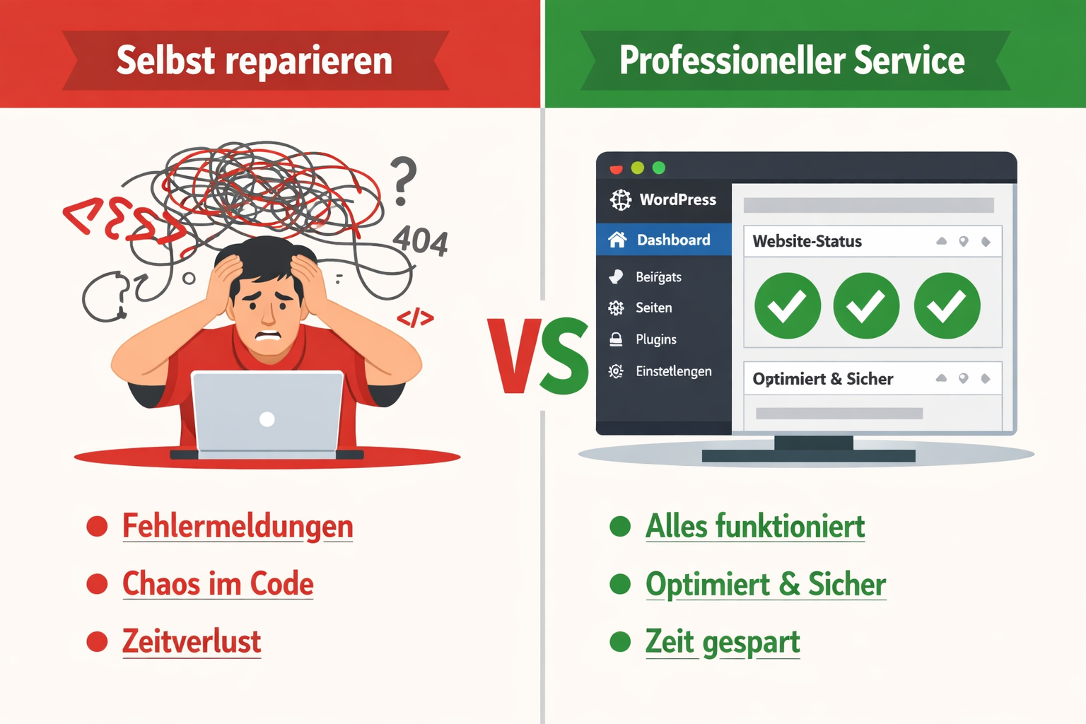 () showing a split-screen comparison infographic: left side labeled 'Selbst reparieren' showing frustrated user with tangled