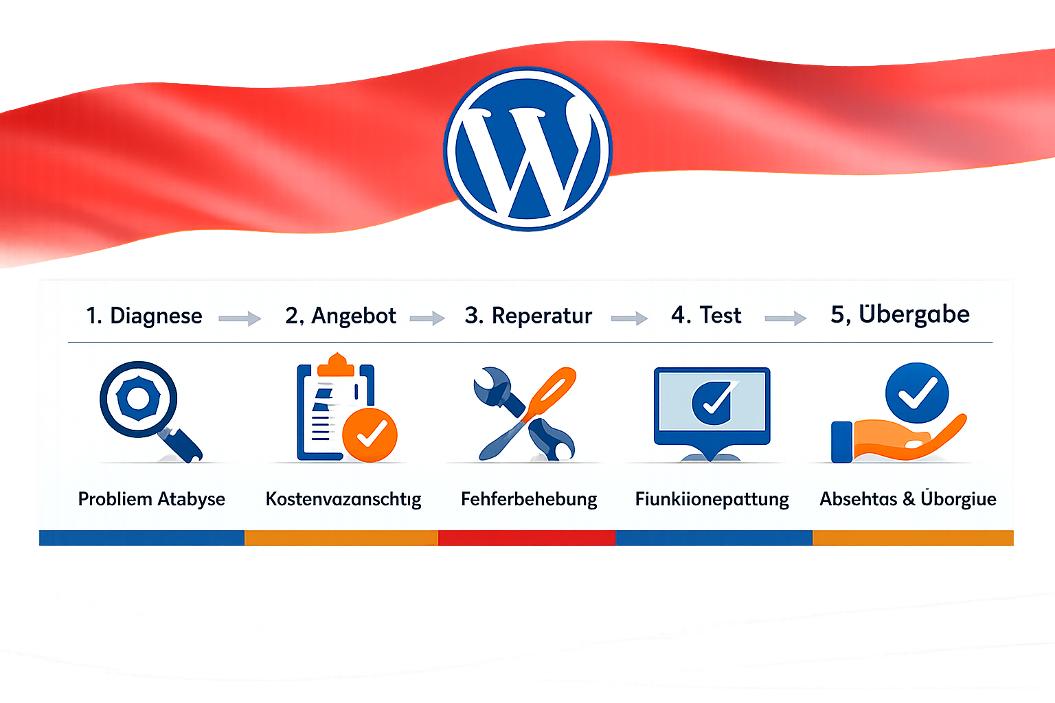 () showing a step-by-step process timeline infographic in German: '1. Diagnose → 2. Angebot → 3. Reparatur → 4. Test → 5.