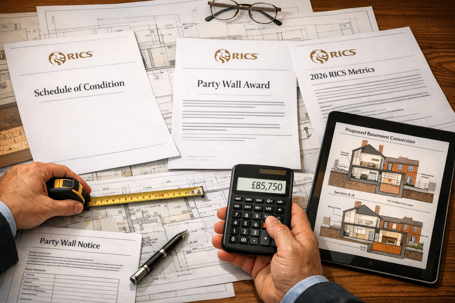 Detailed () image showing close-up view of official RICS 2026 guidance documents and party wall notice templates spread