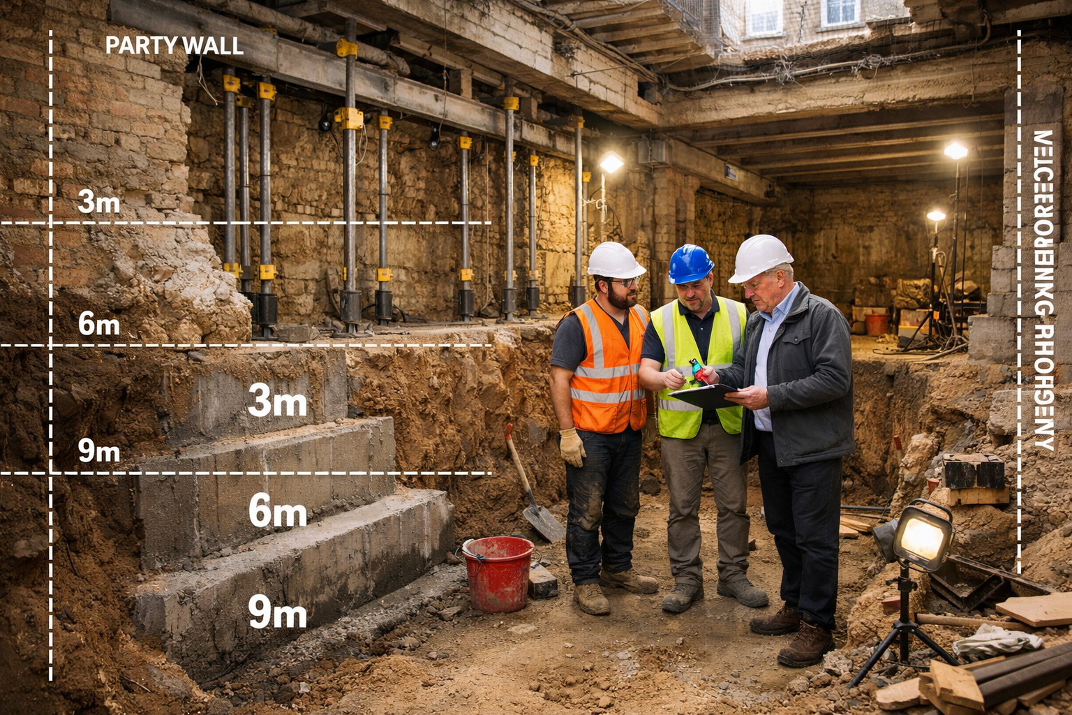 Wide-angle () photograph of active basement conversion construction site showing excavation work beneath a Victorian