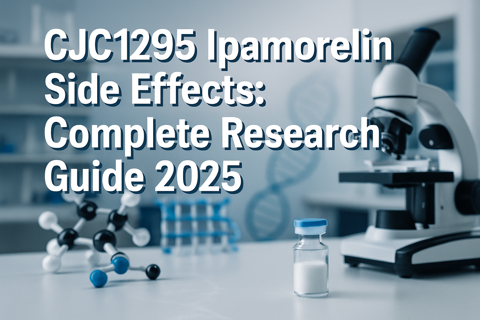 Professional landscape hero image (1536x1024) featuring bold text overlay 'CJC1295 Ipamorelin Side Effects: Complete Research Guide 2025' in