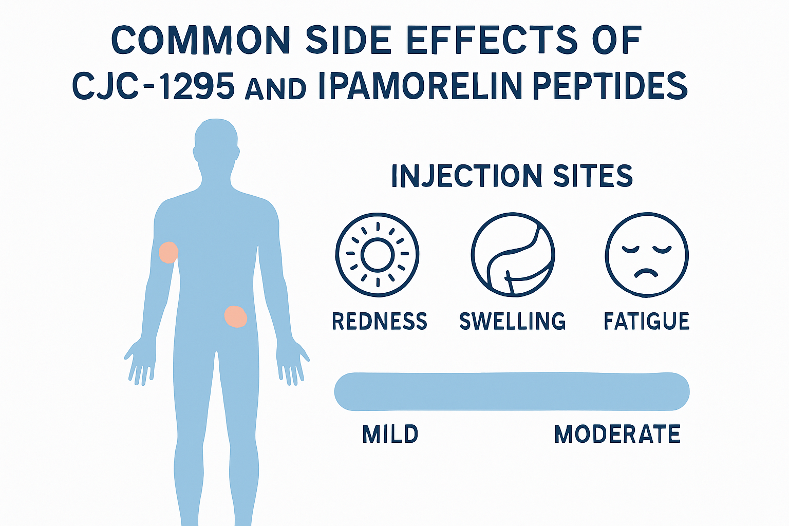 Scientific infographic showing common side effects of CJC1295 and Ipamorelin peptides with human silhouette diagram, highlighted areas indic