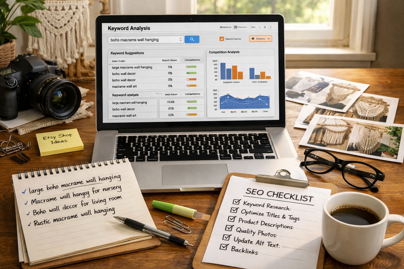 Detailed landscape format (1536x1024) image showing Etsy shop owner's workspace with laptop screen displaying keyword research tools, handwritten notes with long-tail keywords, product photos being optimized, SEO checklist on desk, coffee cup, and natural lighting from window. Focus on keyword planning process with visible search terms and competition analysis charts. Etsy SEO Tips 