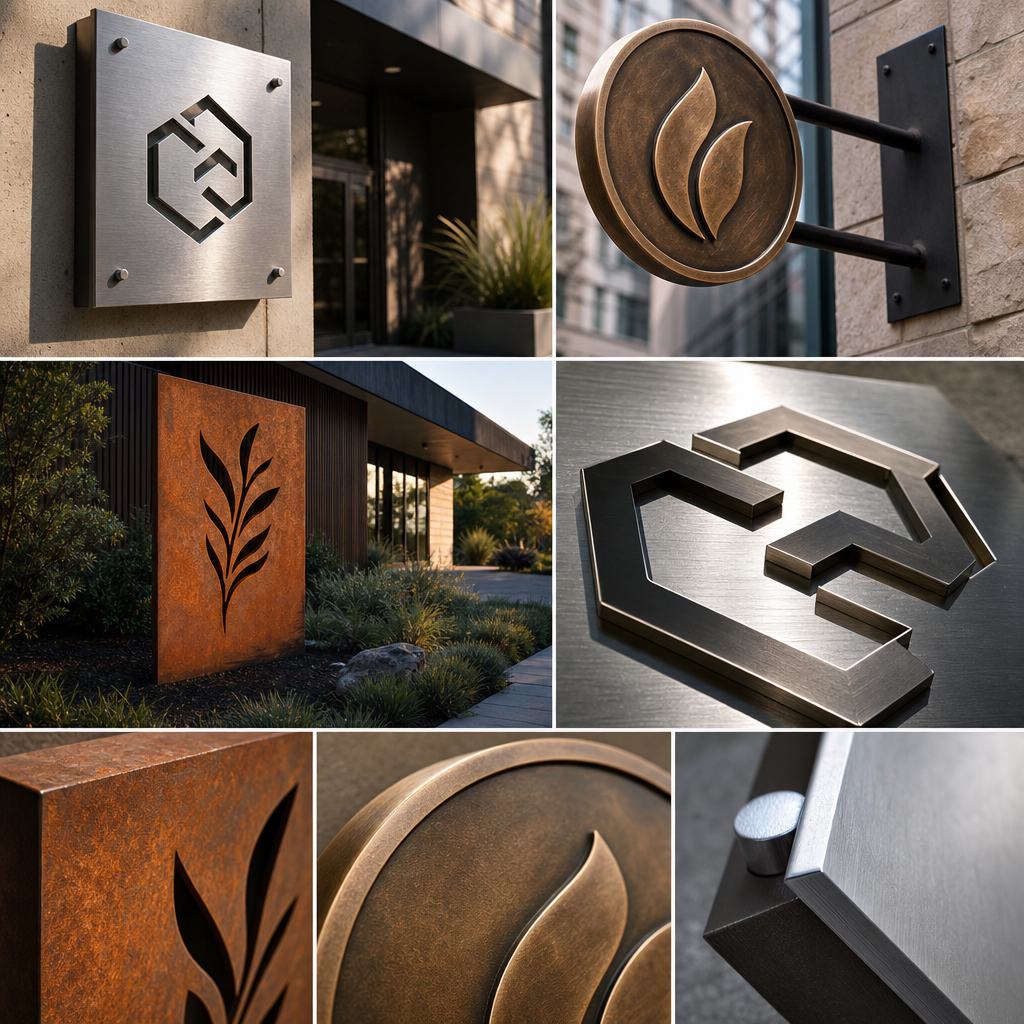 Close-ups of custom metal business signs in brushed stainless steel, polished bronze, and weathered corten steel, emphasizing texture, solid construction, and precise lettering.
