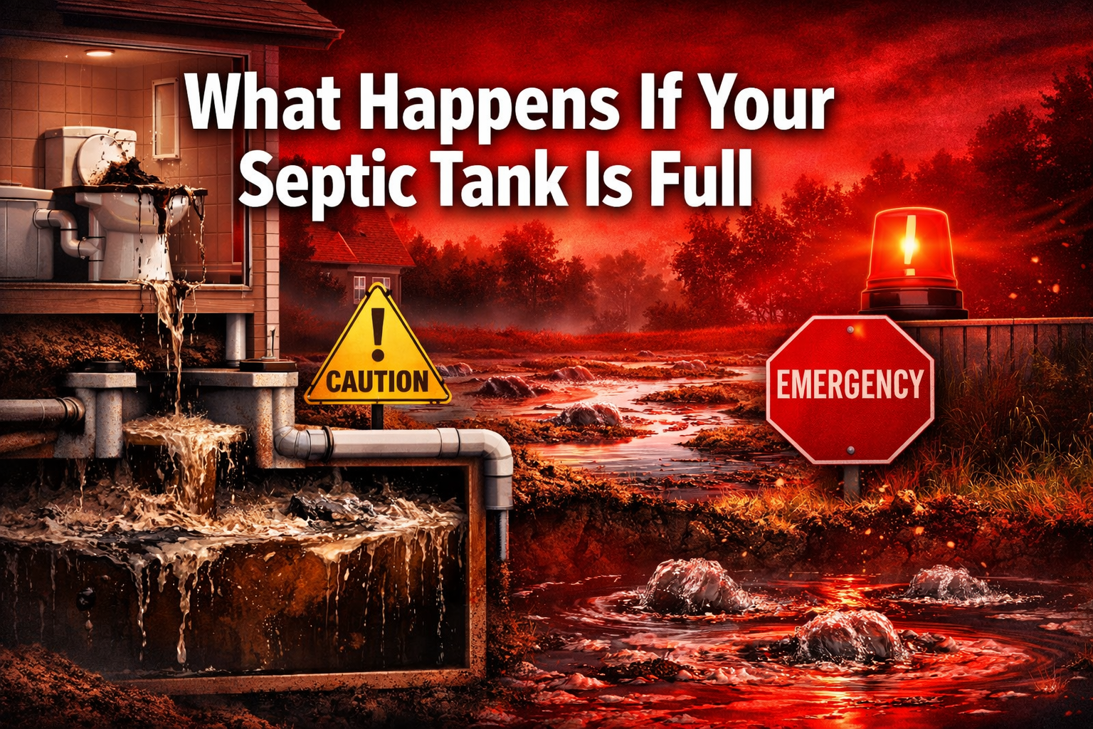 Professional landscape format (1536x1024) hero image with bold text overlay 'What Happens If Your Septic Tank Is Full' in extra large 72pt w