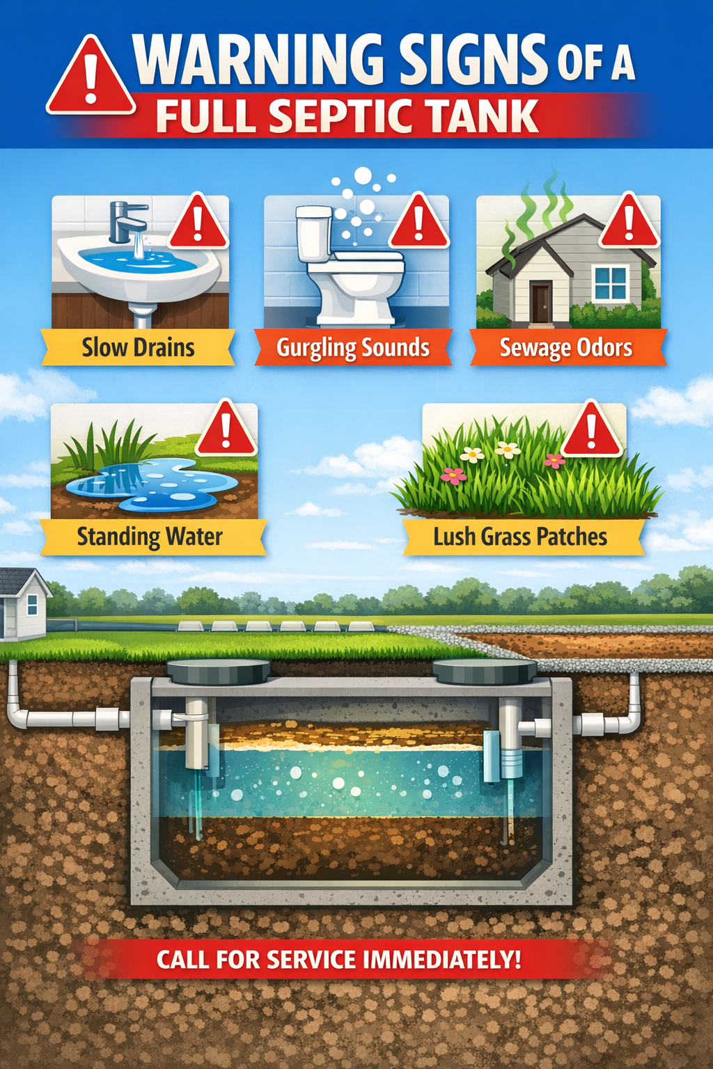 Portrait format (1024x1536) infographic showing warning signs of full septic tank: slow drains, gurgling sounds, sewage odors, standing wate