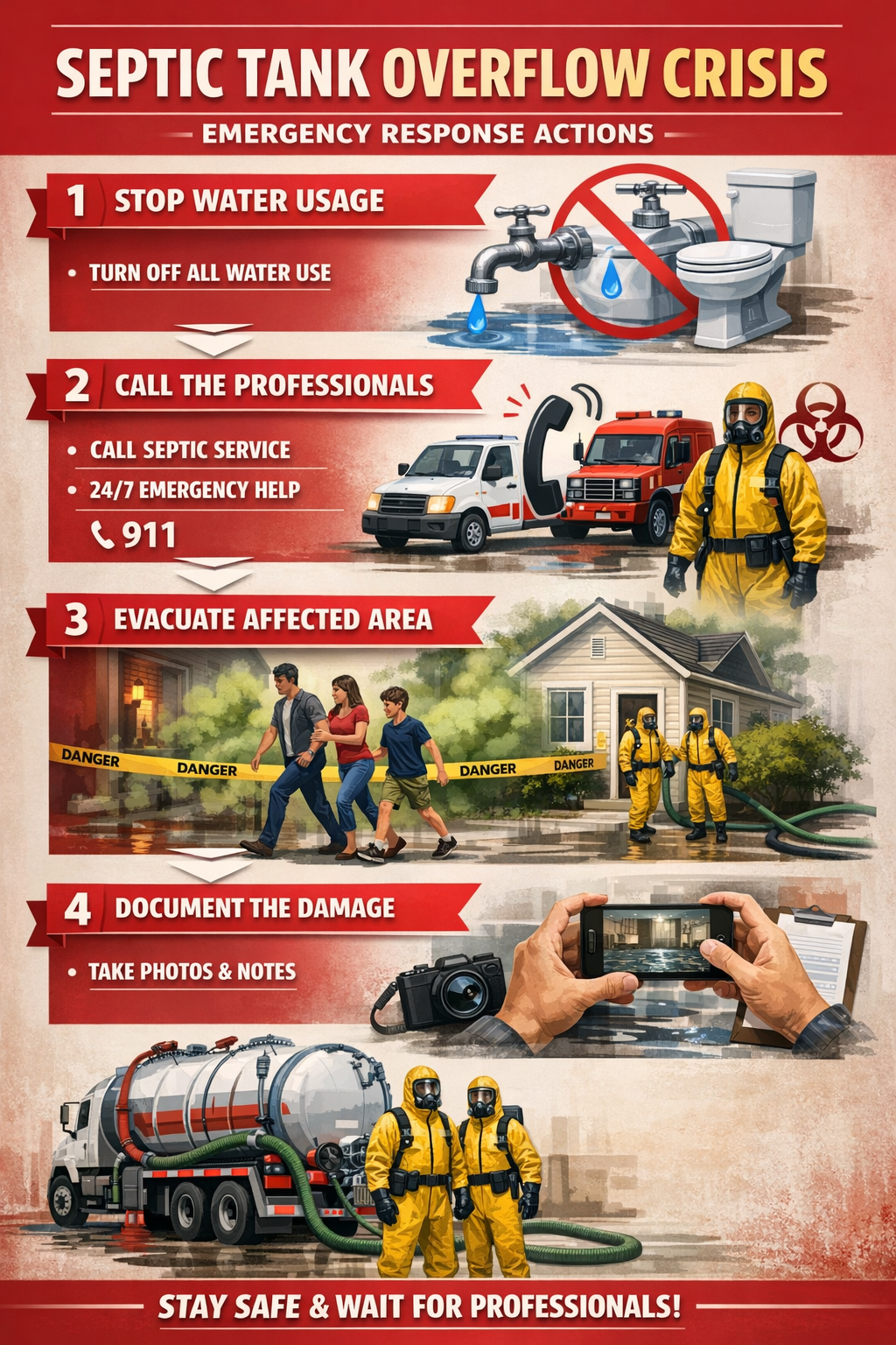 Portrait format (1024x1536) emergency response flowchart for septic tank overflow crisis. Step-by-step visual guide showing immediate action