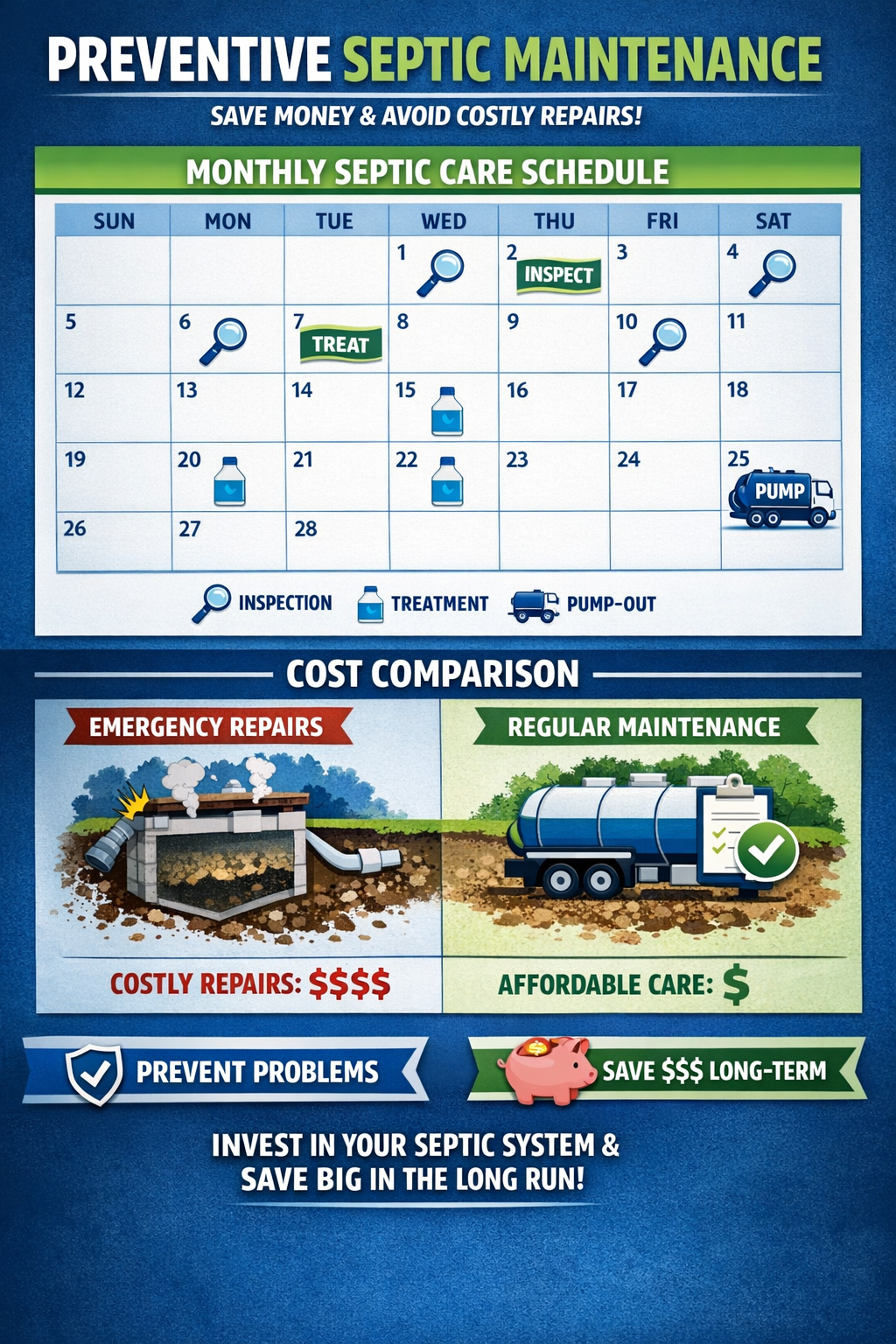 Portrait format (1024x1536) prevention maintenance calendar and cost comparison chart. Monthly septic care timeline with pumping schedule, i