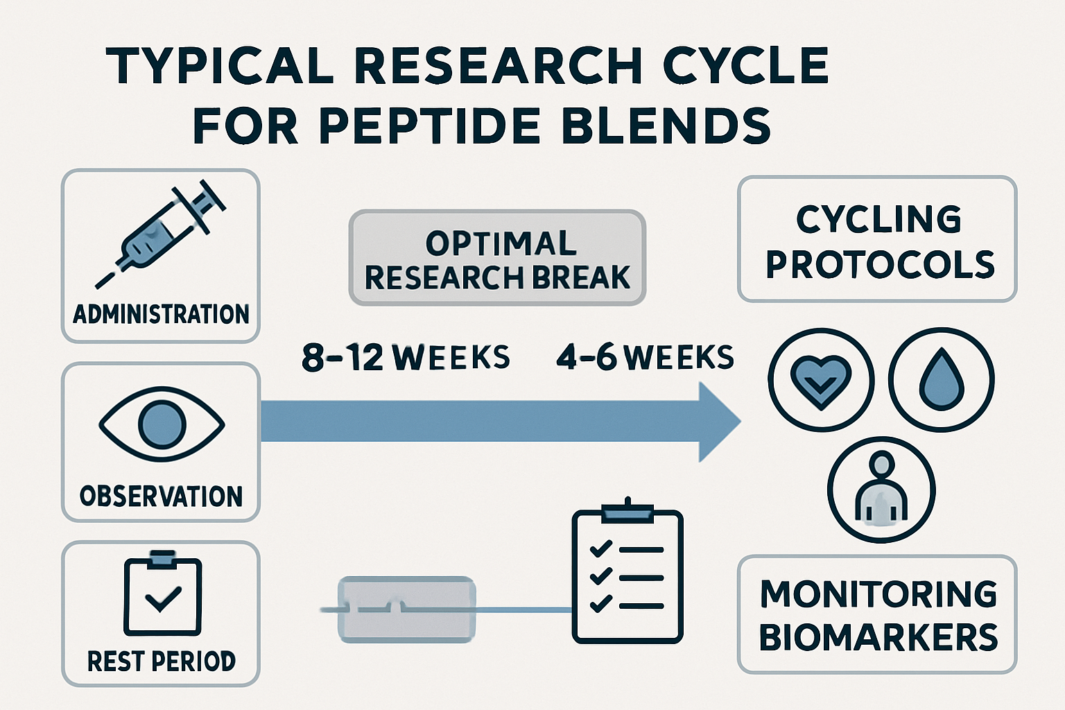 A detailed infographic illustrating a typical research cycle for peptide blends like Klow blend, showing phases of administration, observati