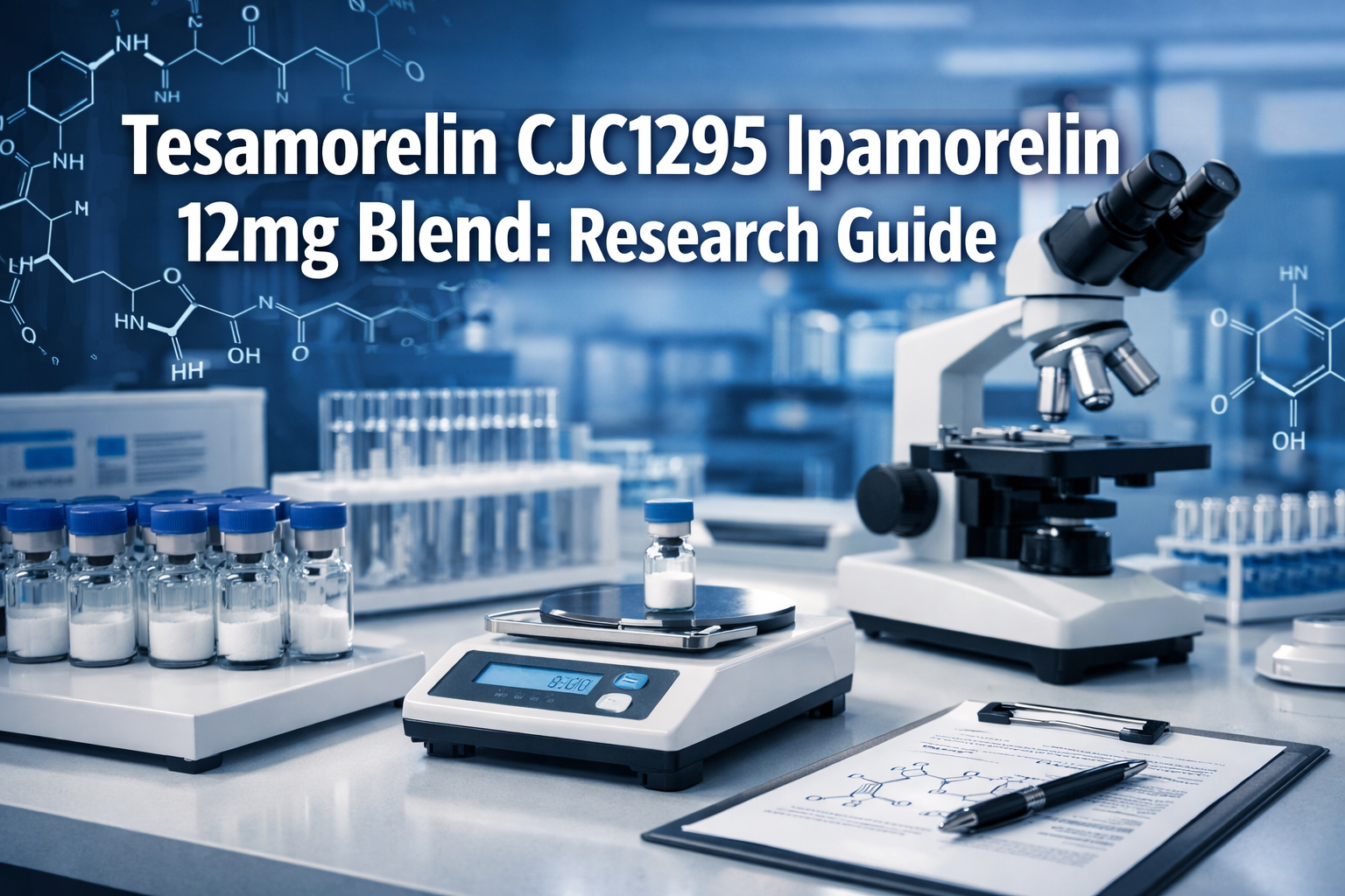 Professional landscape hero image (1536x1024) featuring bold text overlay 'Tesamorelin CJC1295 Ipamorelin 12mg Blend: Research Guide' in ext