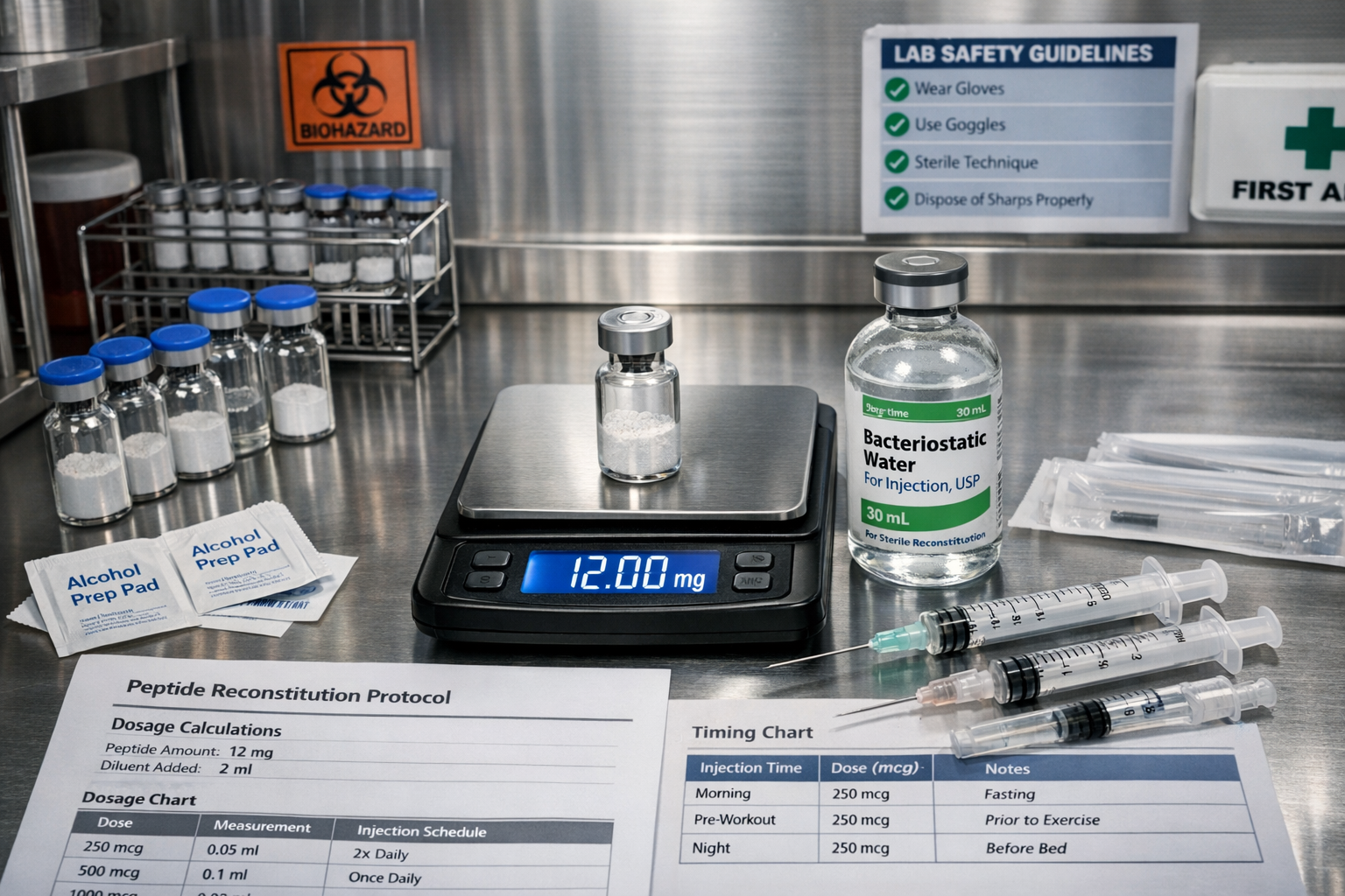 Research laboratory workspace featuring peptide reconstitution setup with sterile vials, bacteriostatic water, precision syringes, and measu