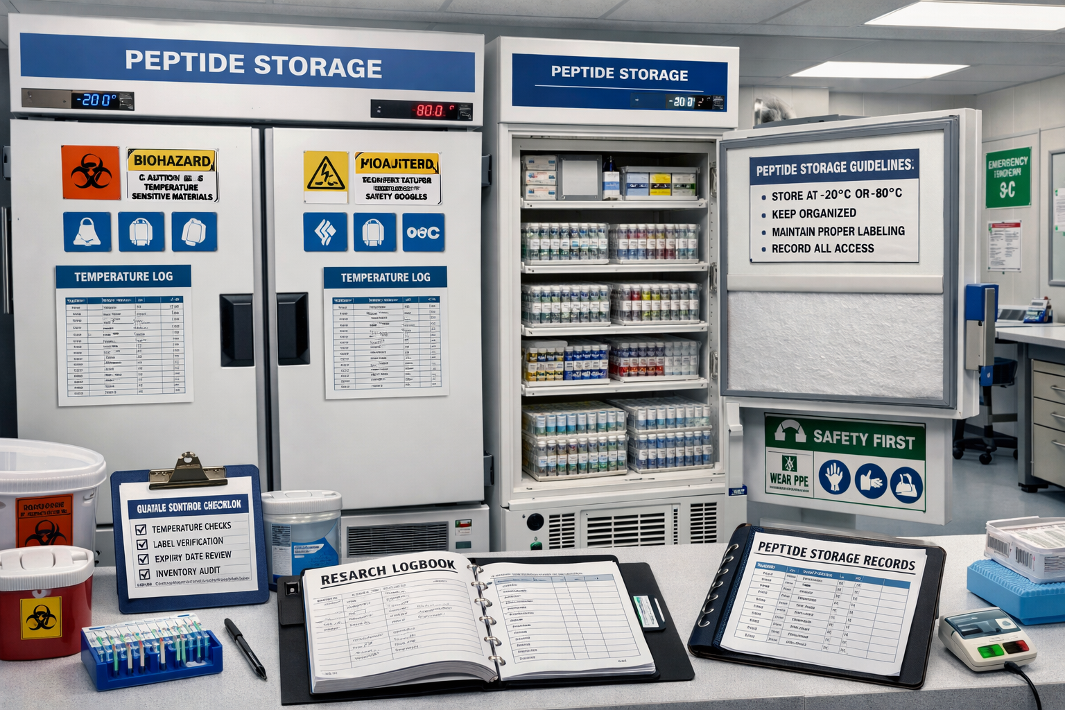 Scientific storage facility featuring temperature-controlled peptide storage units, proper labeling systems, and research documentation. Pro
