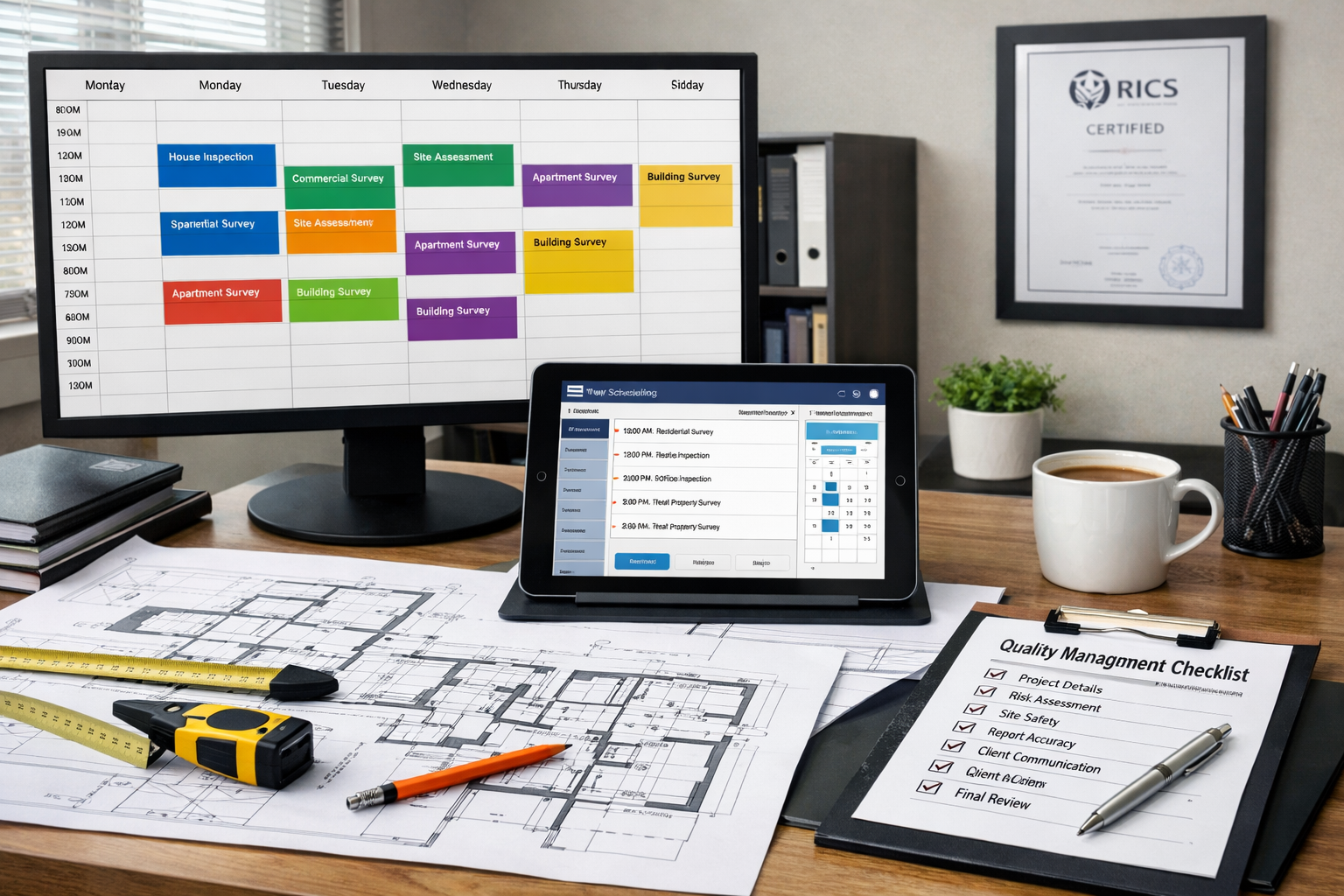 () image of professional surveyor's workspace showing capacity planning tools including digital calendar with multiple