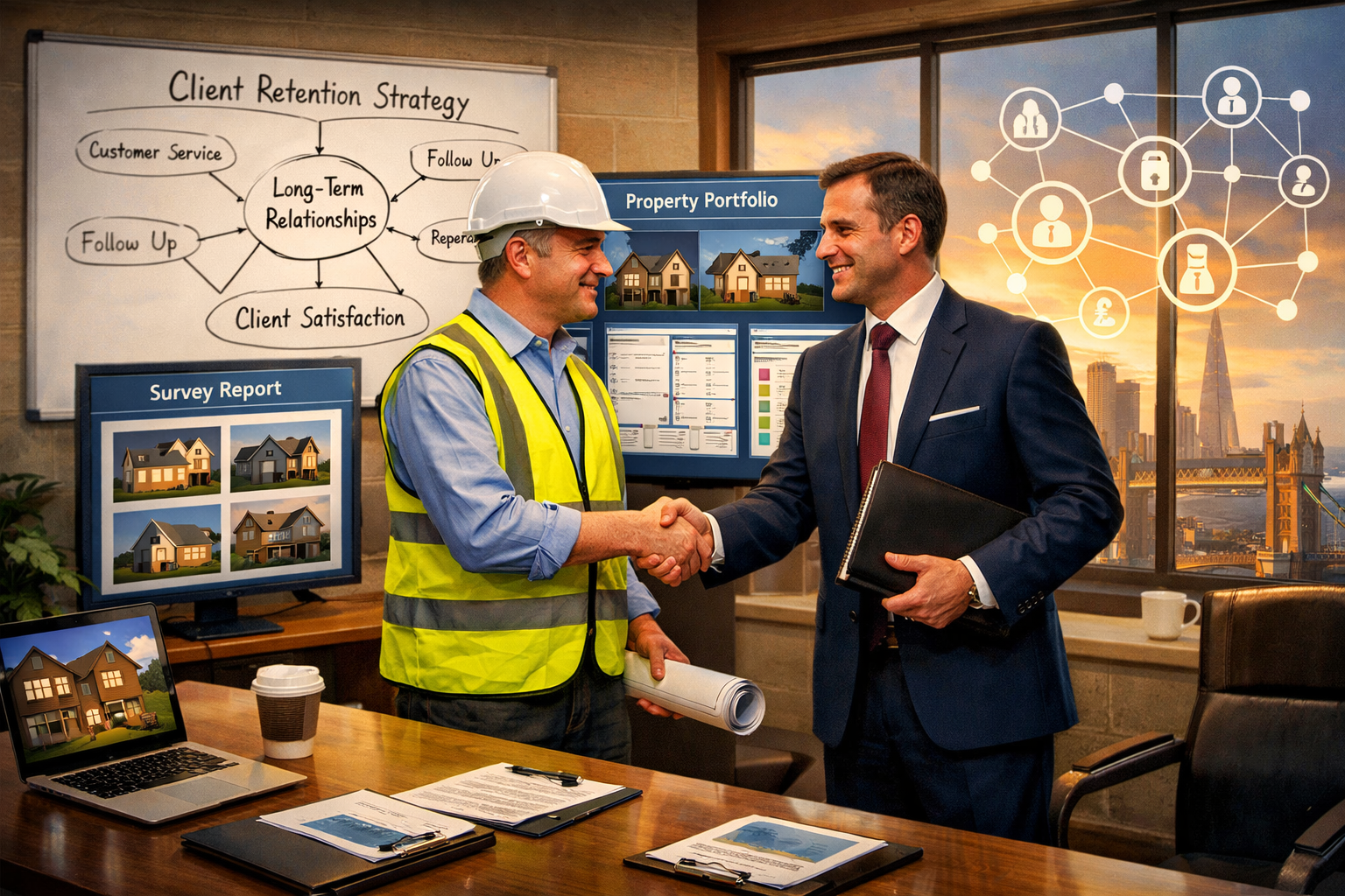 () conceptual business relationship illustration showing surveyor shaking hands with mortgage broker in modern office